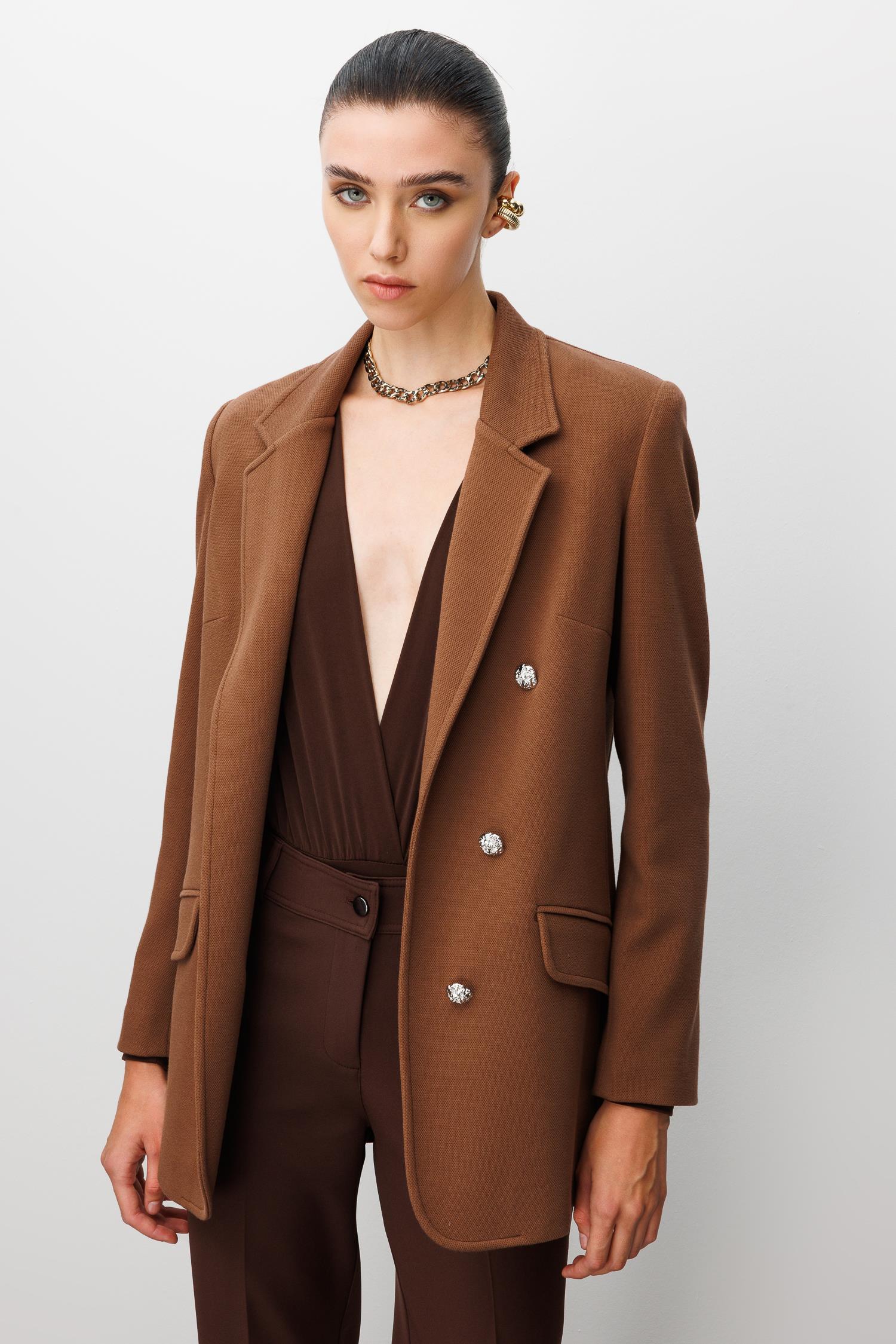 Modailgi  Mono Yaka Cep Kapaklı Uzun Ceket Kahve