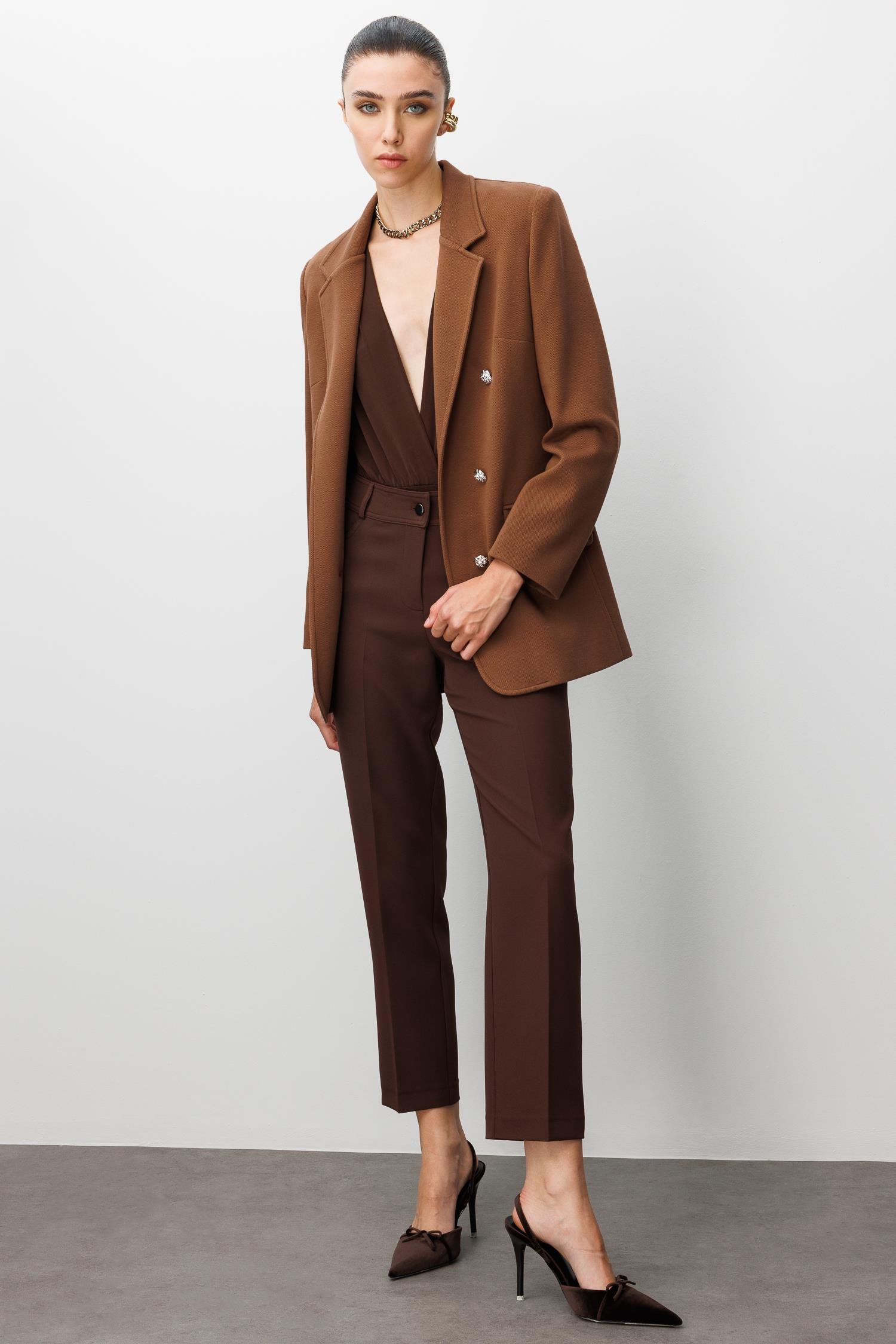 Modailgi  Mono Yaka Cep Kapaklı Uzun Ceket Kahve