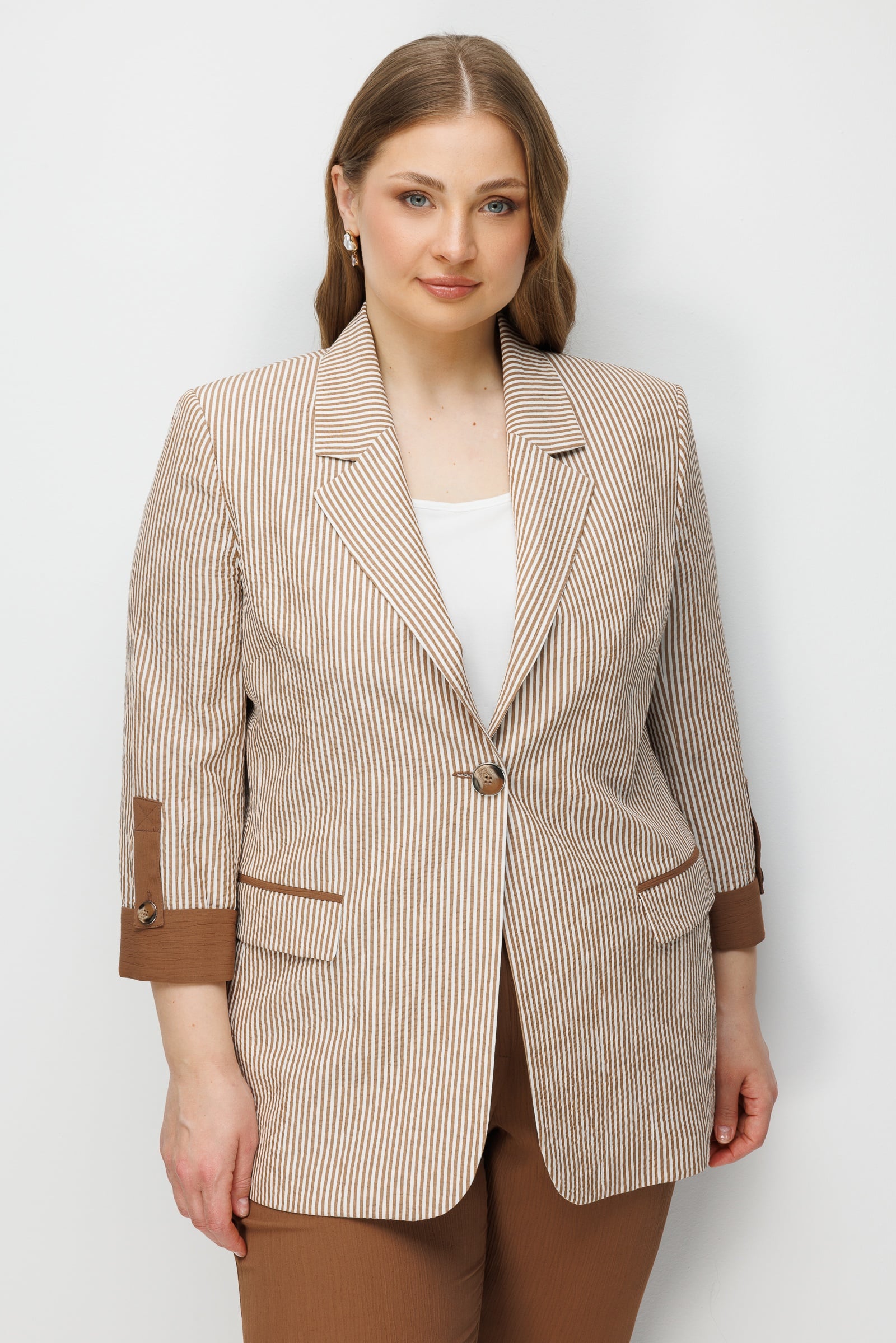 Modailgi  Mono Yaka Çizgili Spor Ceket Kahve