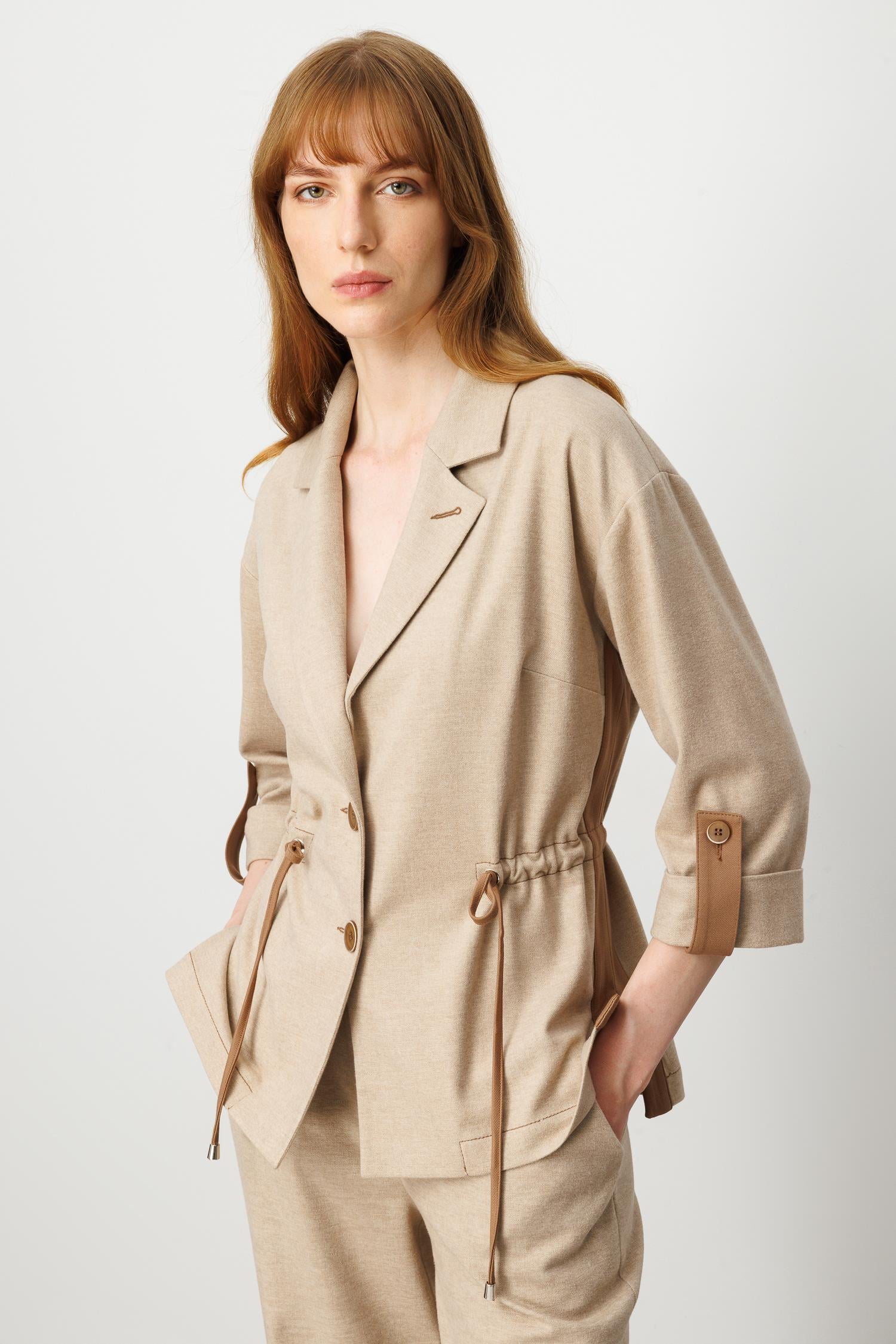 Modailgi  Mono Yaka Duble Kol Apoletli Kumaş Garni Detaylı Astarsız Ceket - 40047 Vizon