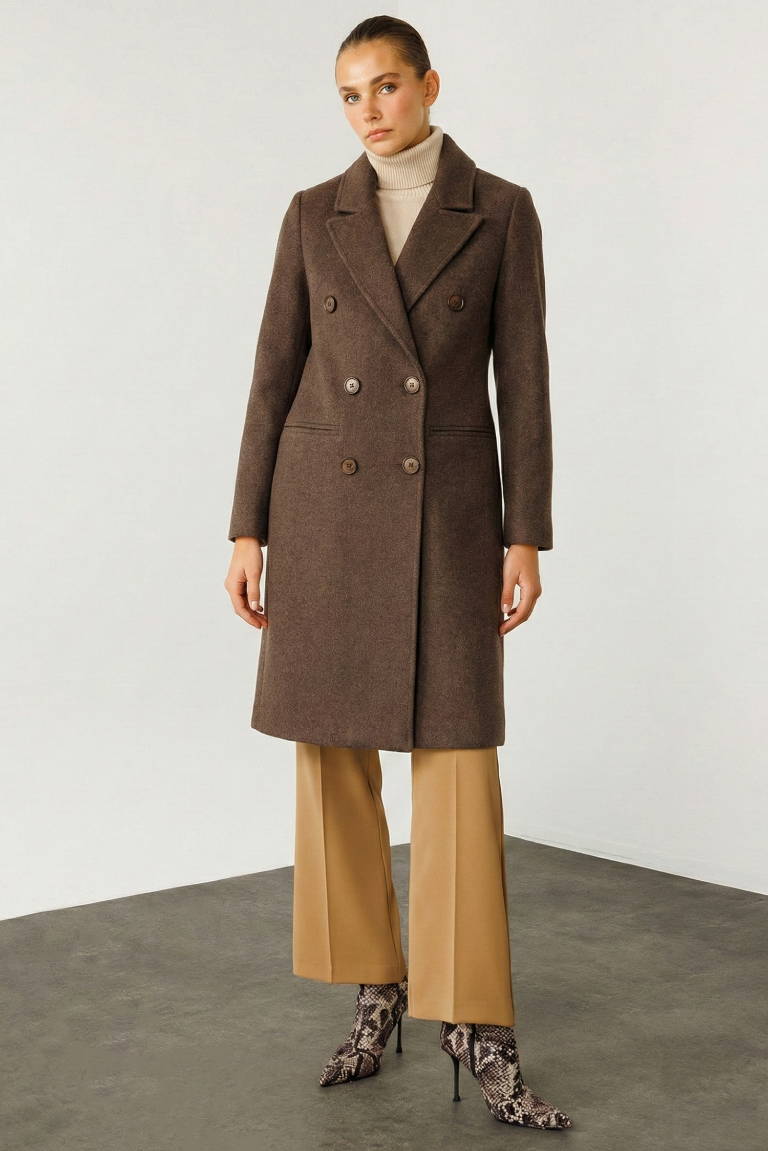 Modailgi  Mono Yaka Fleto Cepli Kruvaze Kaşe Kaban Kahve