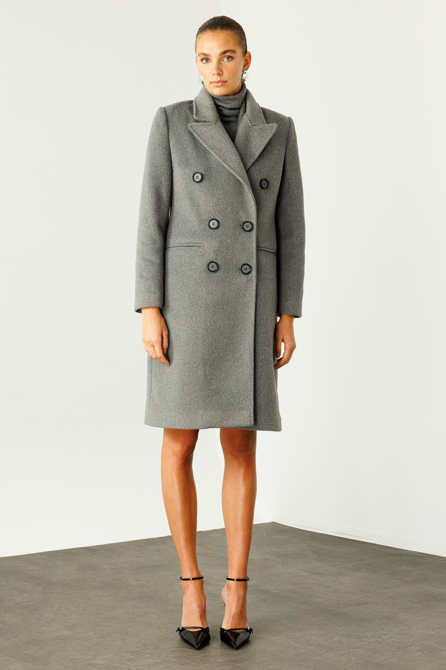 Modailgi  Mono Yaka Fleto Cepli Kruvaze Kaşe Kaban Gri