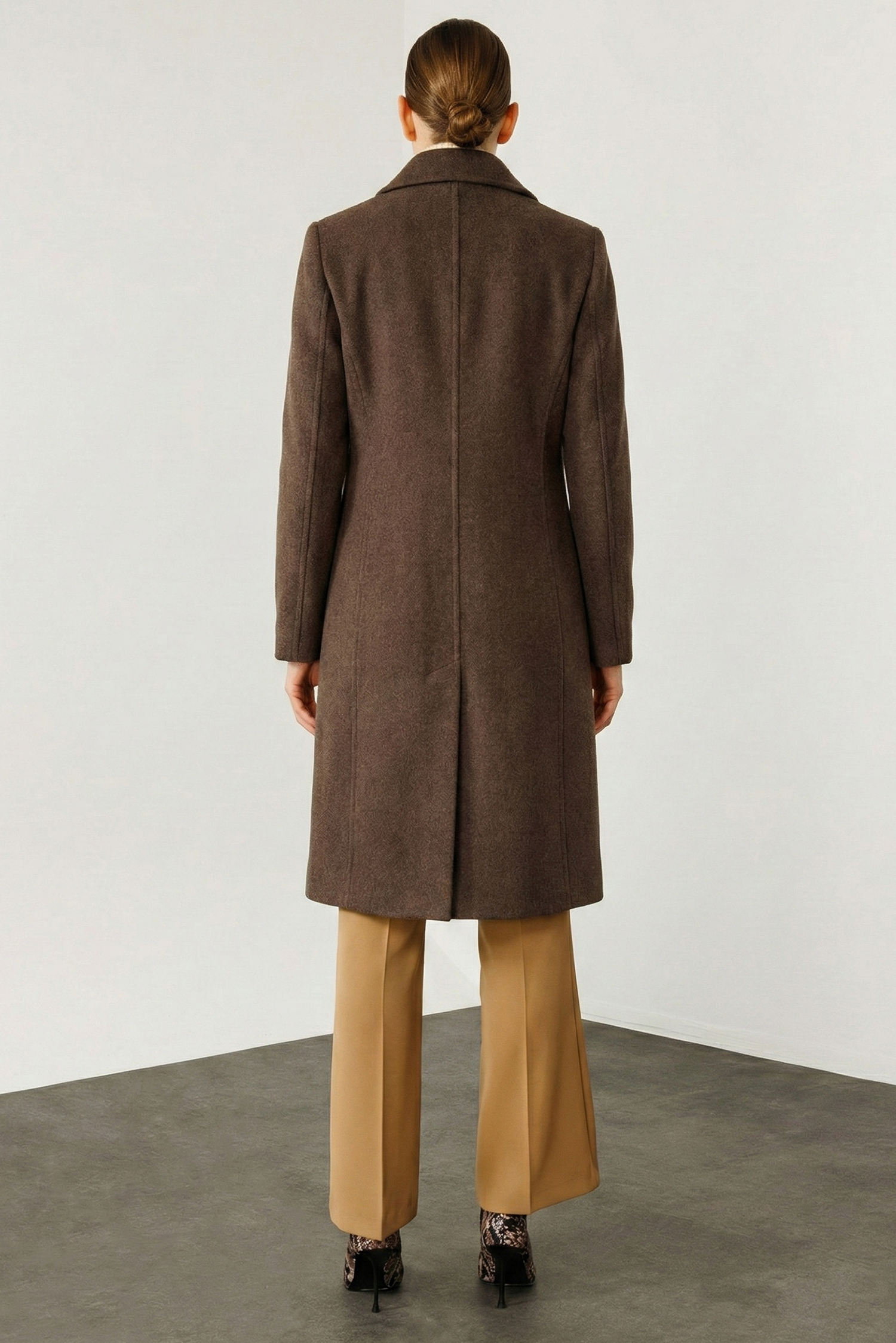 Modailgi  Mono Yaka Fleto Cepli Kruvaze Kaşe Kaban Kahve