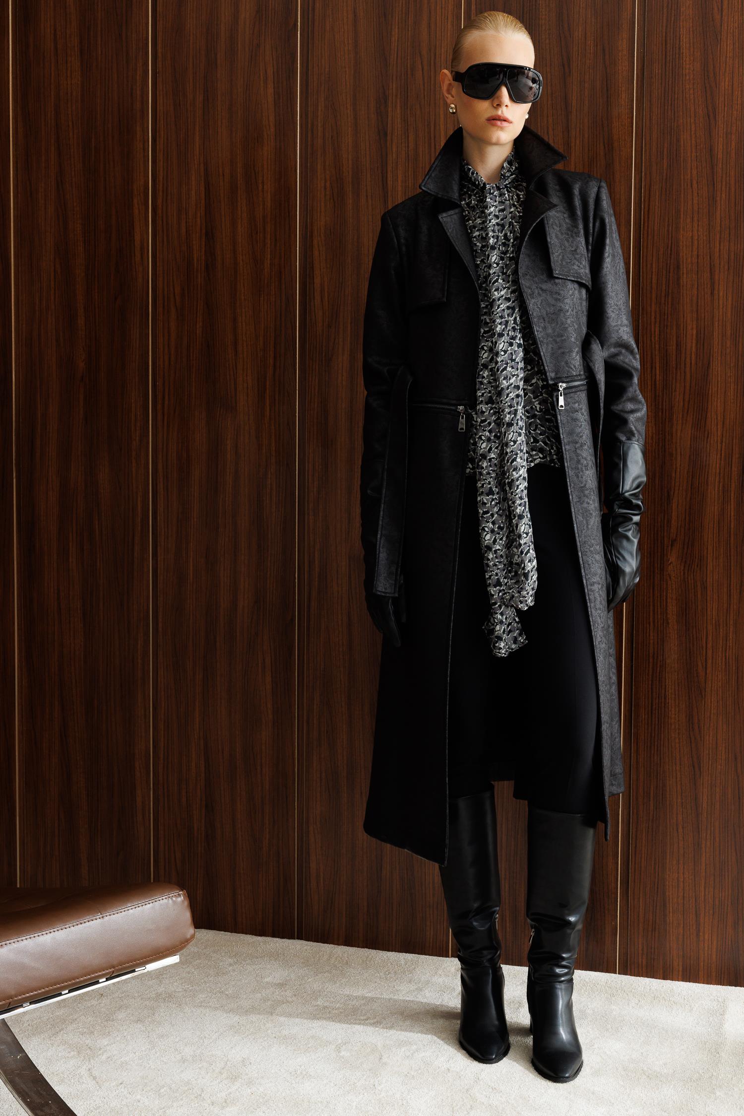 Modailgi  Mono Yaka Kuşaklı Koları Apoletli Belde Açılır Kapanır Çift Taraflı Fermuar Detaylı Astarsız Trençkot Siyah