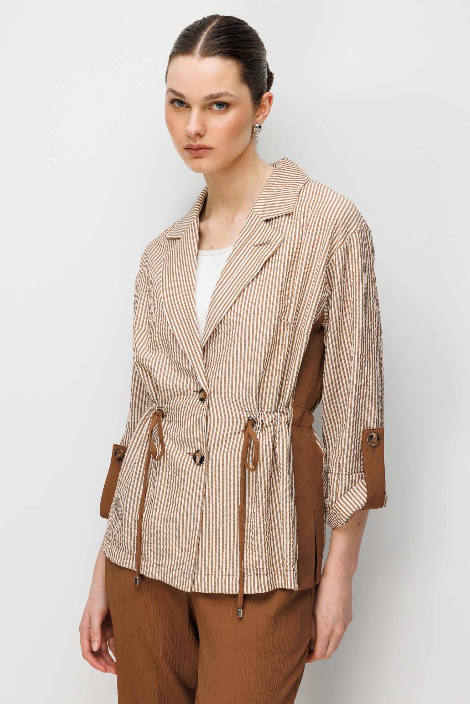 Modailgi Mono Yaka Manşeti Apoletli Çizgili İkili Takım - 40095