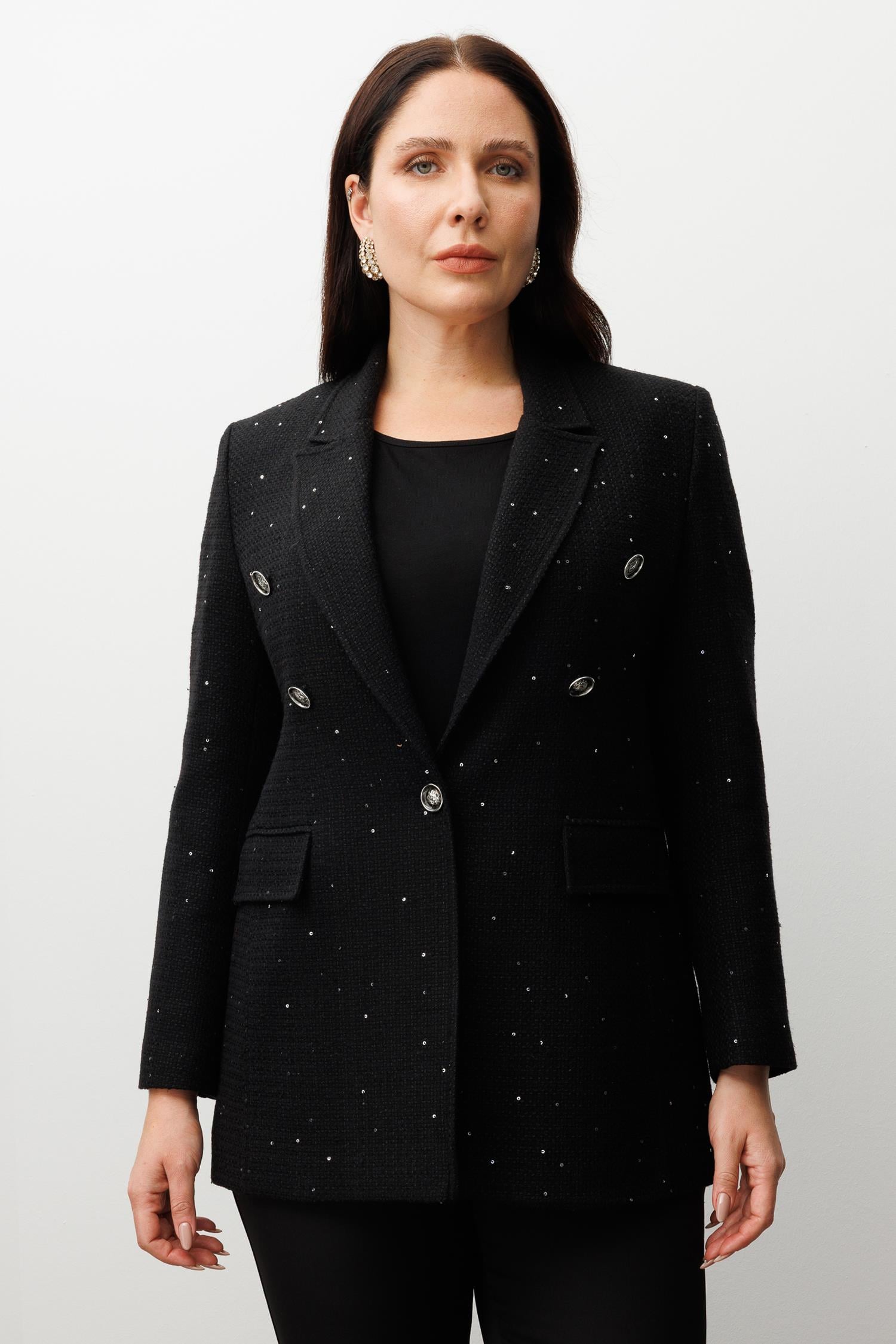 Modailgi  Mono Yaka Pullu Tüvit Kumaş Ceket Siyah