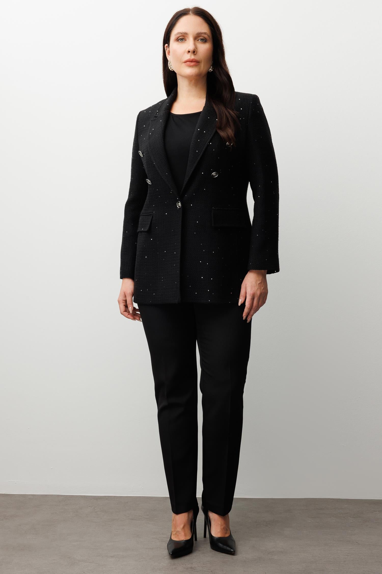 Modailgi  Mono Yaka Pullu Tüvit Kumaş Ceket Siyah