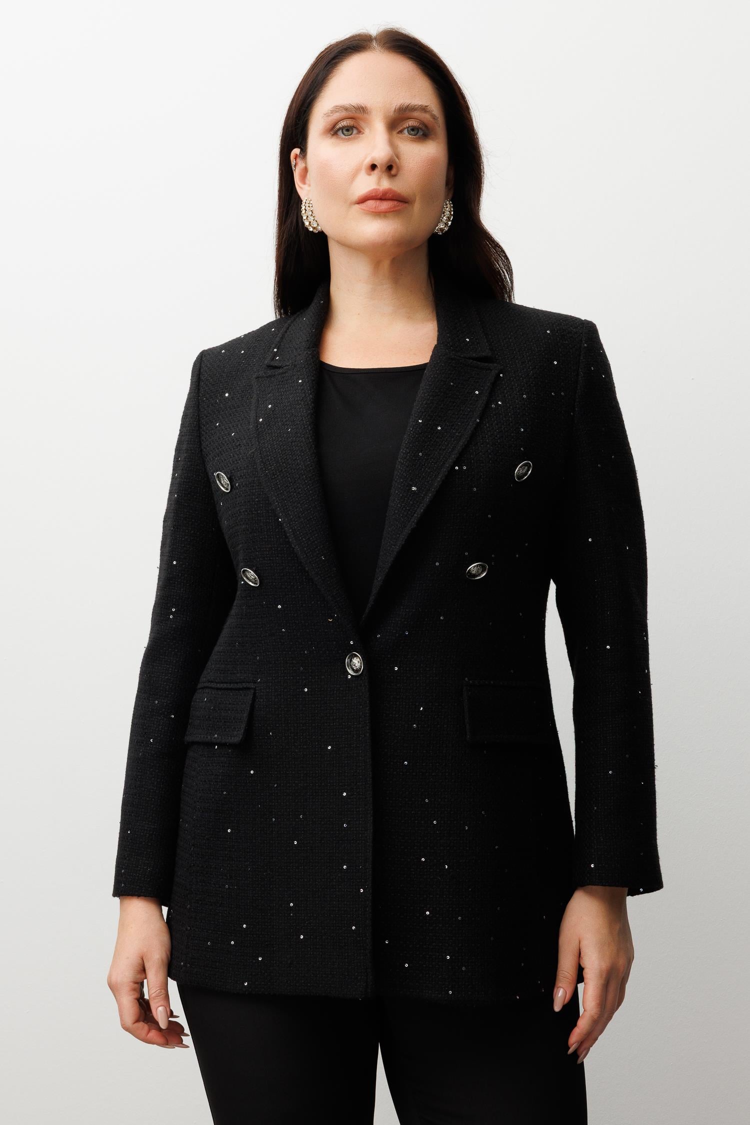 Modailgi  Mono Yaka Pullu Tüvit Kumaş Ceket Siyah