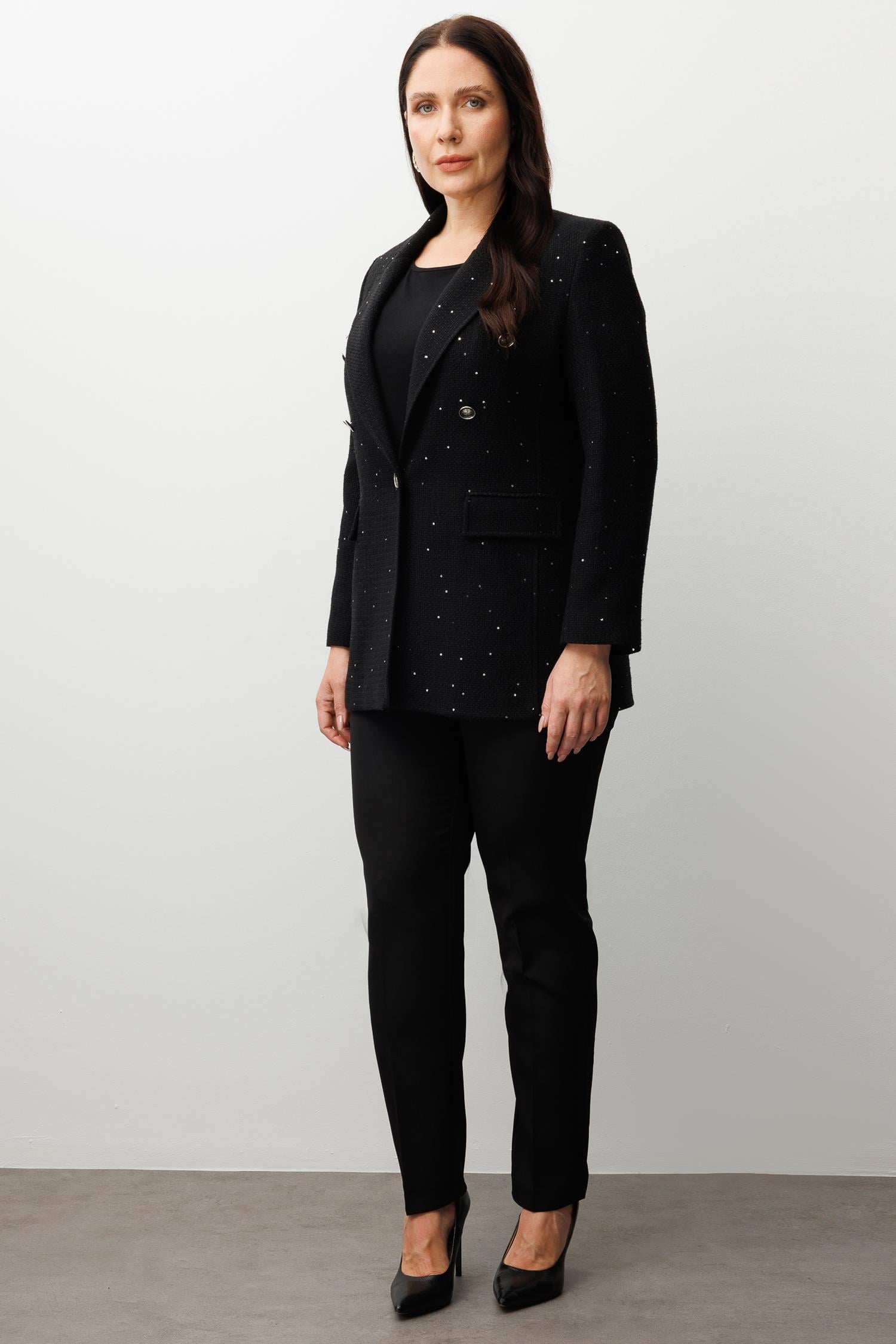 Modailgi  Mono Yaka Pullu Tüvit Kumaş Ceket Siyah