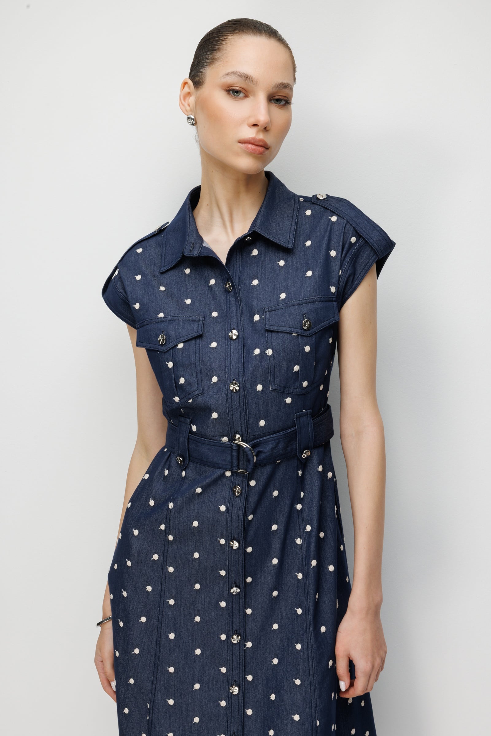 Modailgi Nakış Puan Desenli Denim Midi Boy Elbise