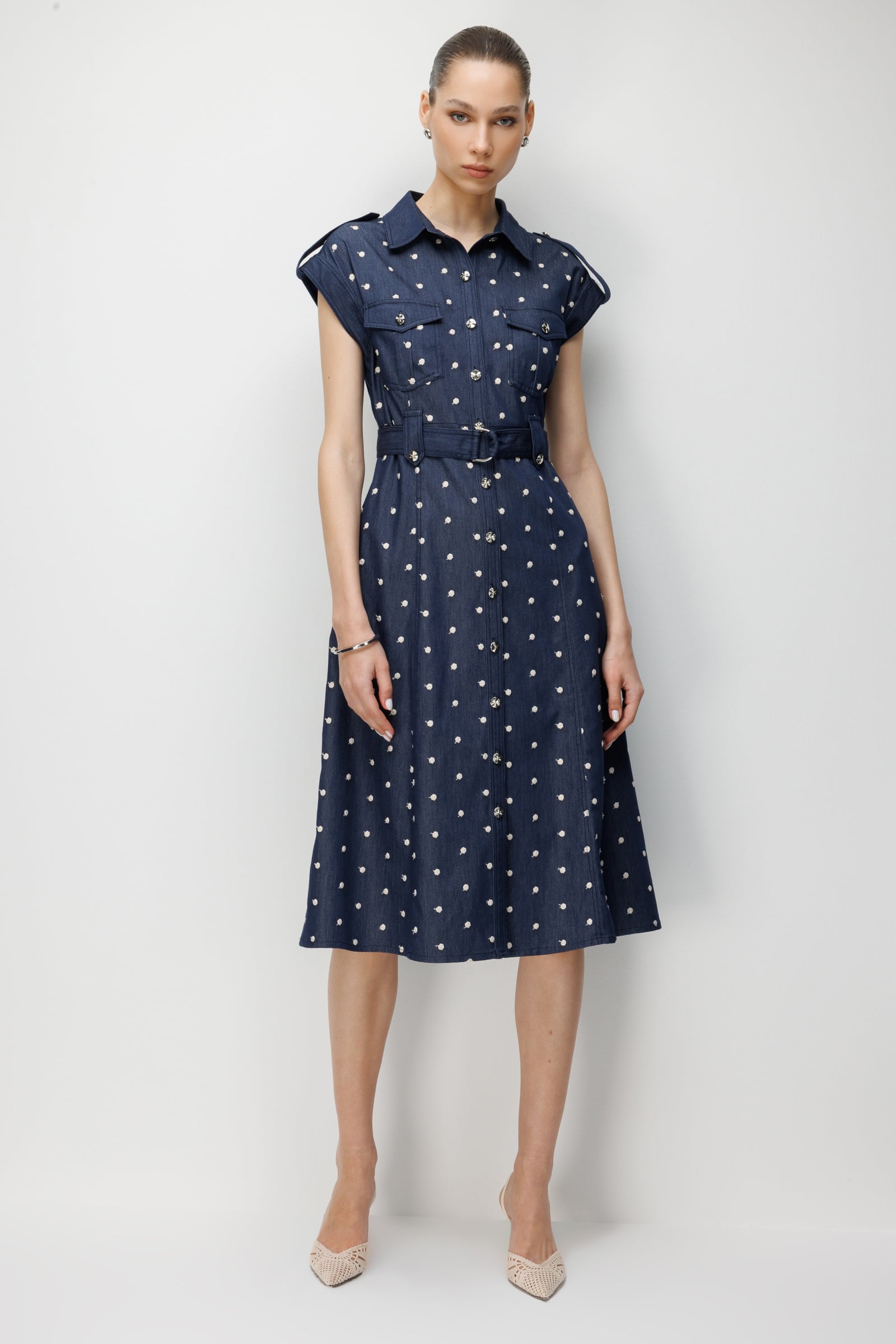 Modailgi Nakış Puan Desenli Denim Midi Boy Elbise