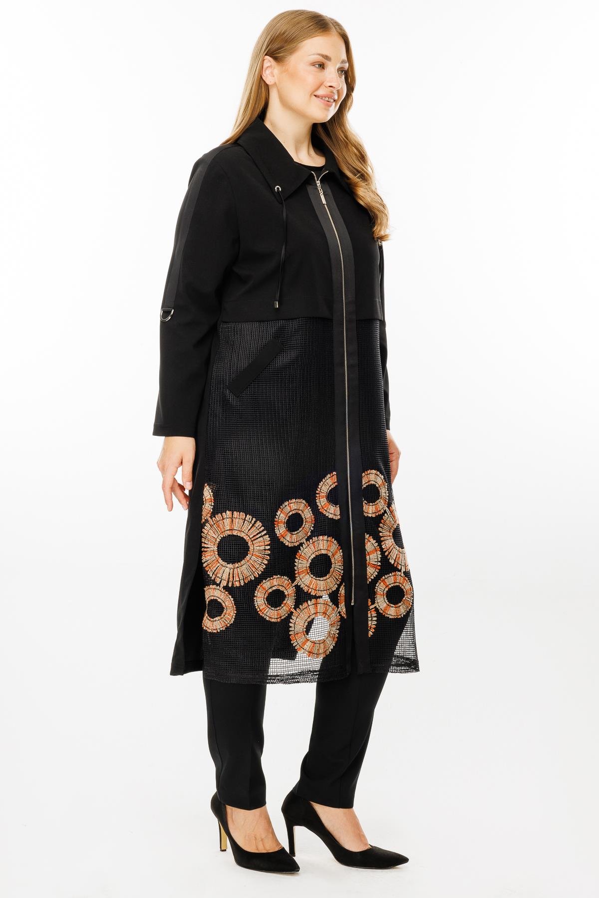 Modailgi  Nakışlı File Detaylı Uzun Kap Siyah