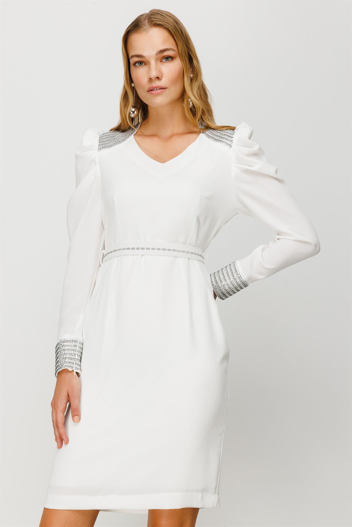 Modailgi  Omuz ve Kolları Taşlı Elbise Ekru
