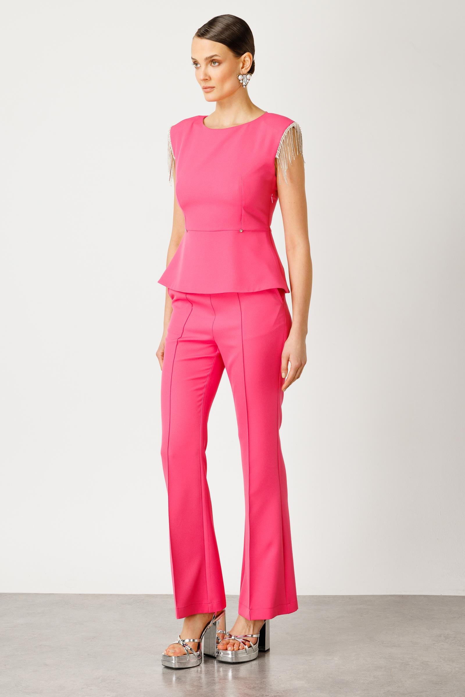 Modailgi  Omuzdan Taş Püsküllü Beli Zincir Detaylı Kolsuz Bluz Pembe