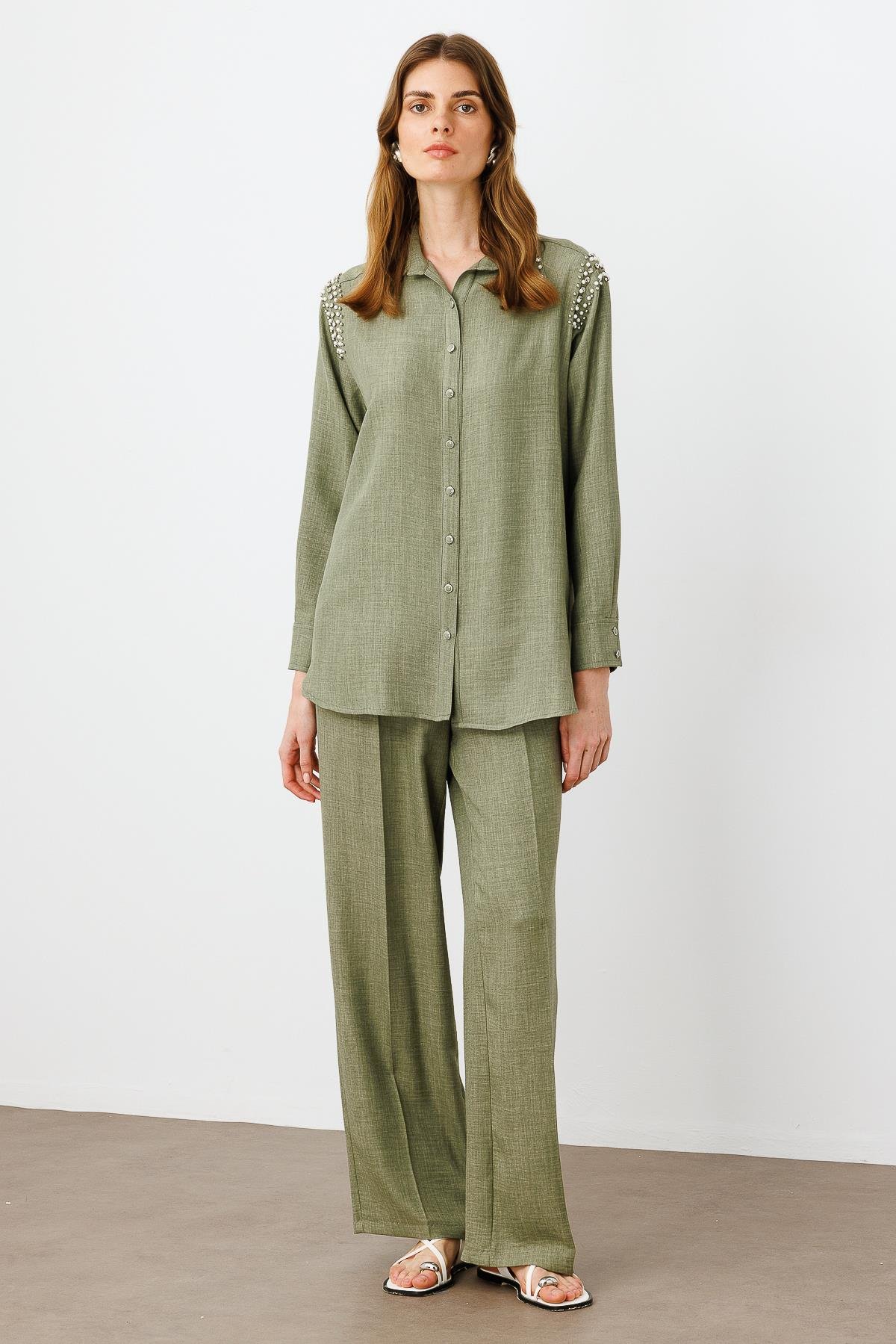 Modailgi  Omuzları İşlemeli Rahat Kesim Gömlek Haki