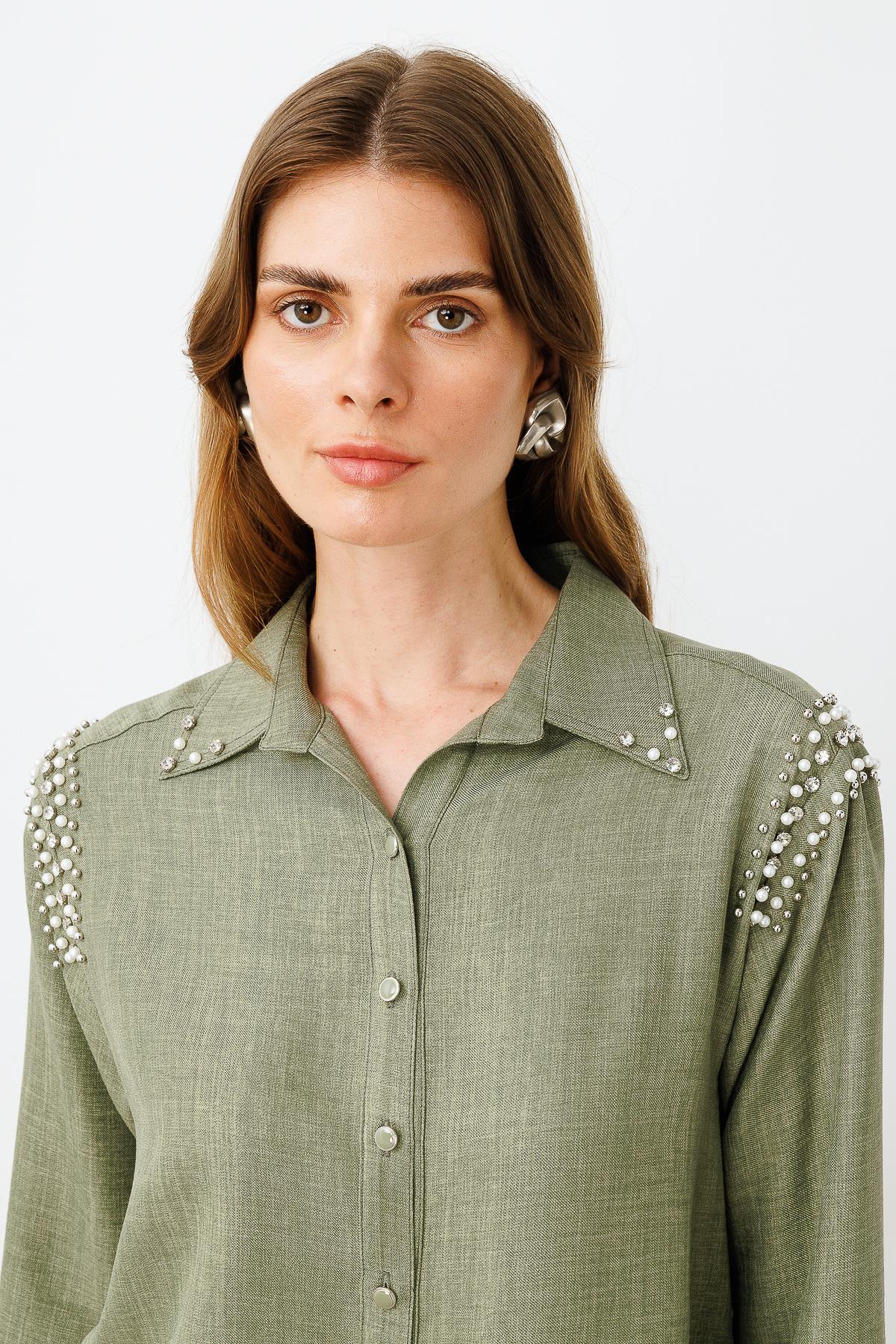 Modailgi  Omuzları İşlemeli Rahat Kesim Gömlek Haki