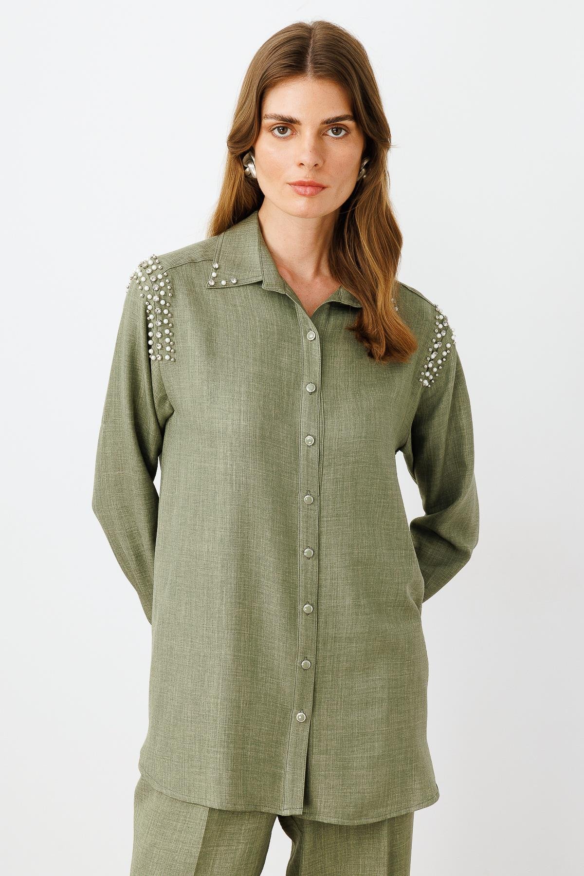 Modailgi  Omuzları İşlemeli Rahat Kesim Gömlek Haki