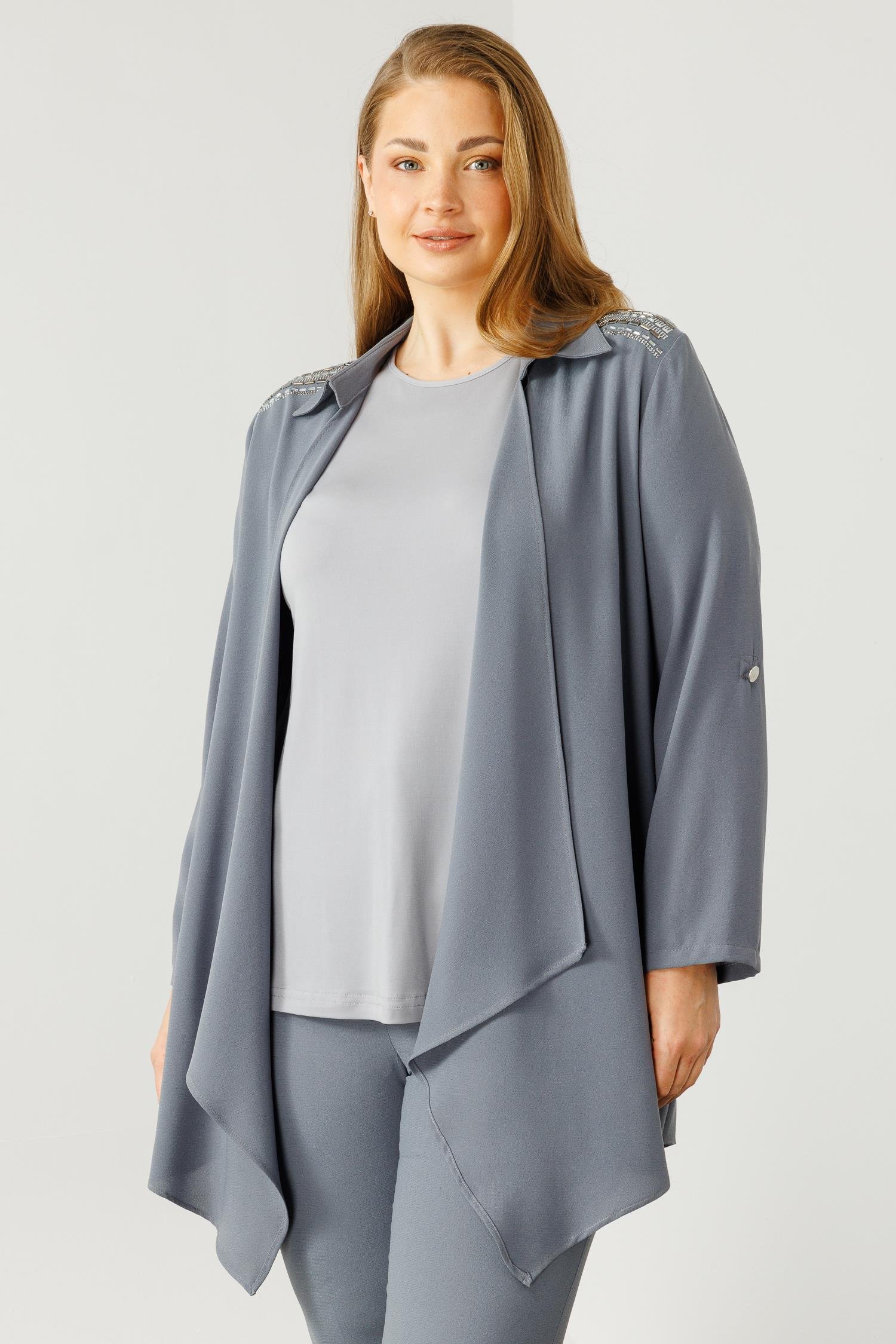Modailgi  Omuzları Taşlı Gömlek Yaka İkili Takım Gri