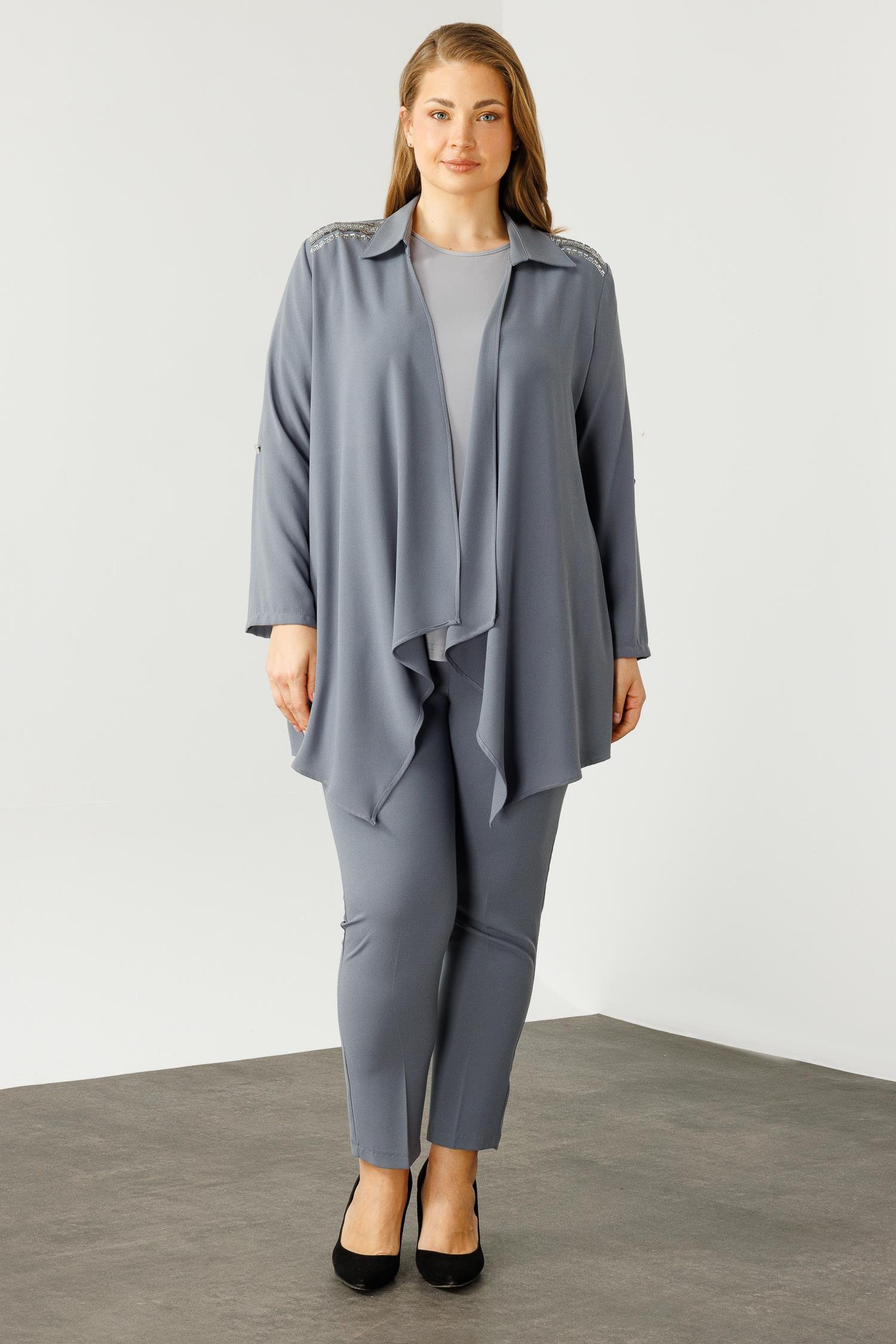 Modailgi  Omuzları Taşlı Gömlek Yaka İkili Takım Gri