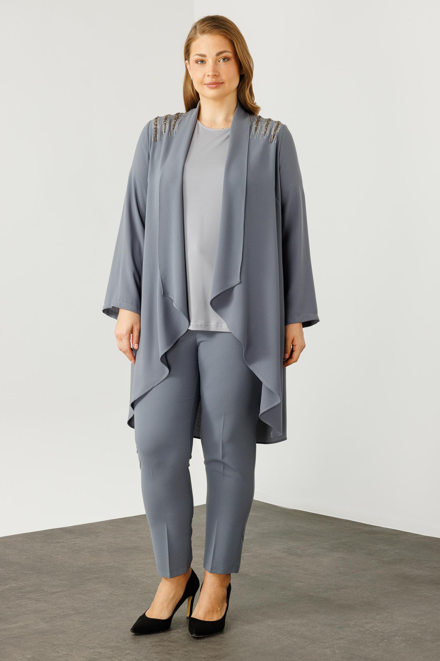 Modailgi  Omuzları Taşlı Şal Yaka İkili Takım Gri