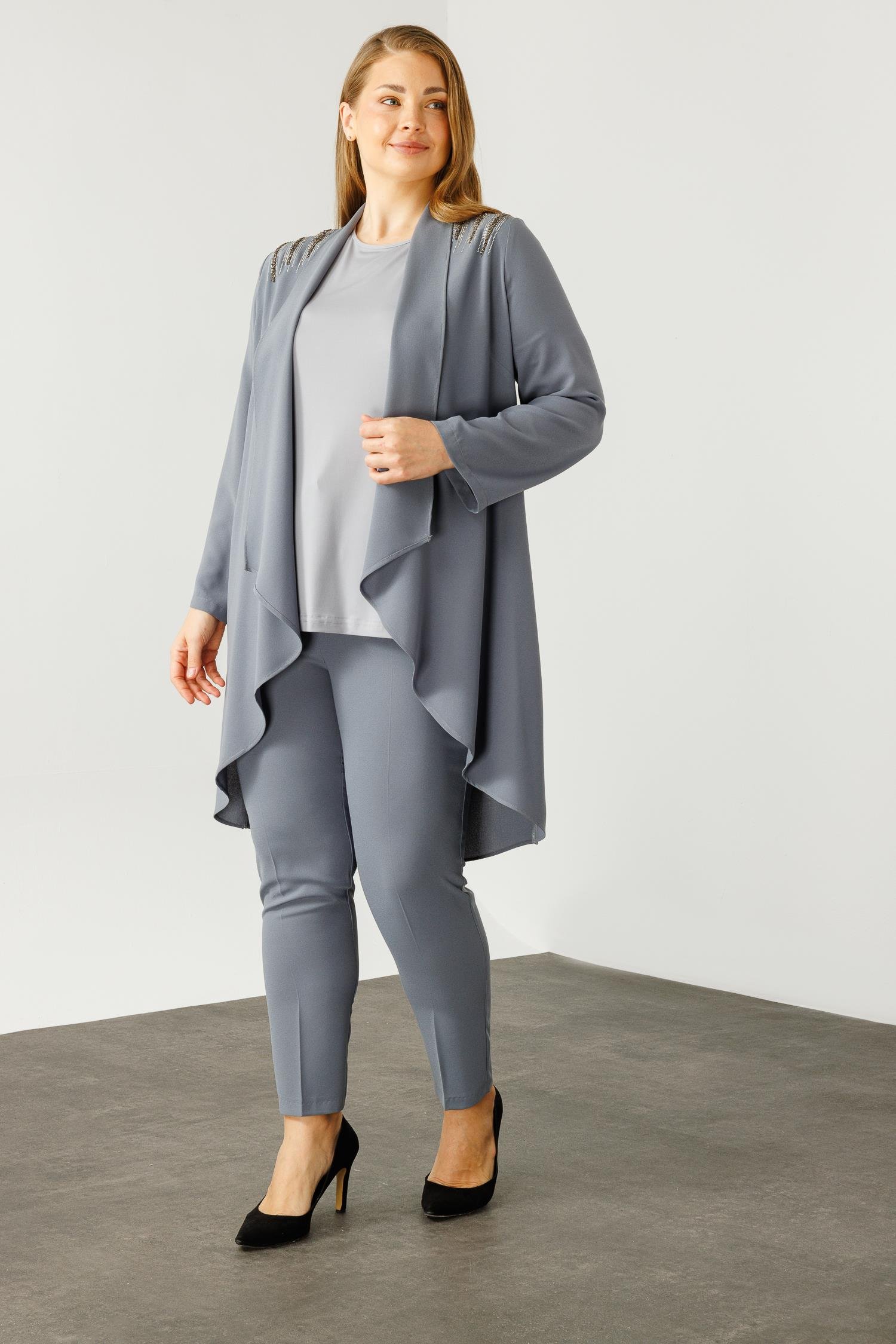 Modailgi  Omuzları Taşlı Şal Yaka İkili Takım Gri