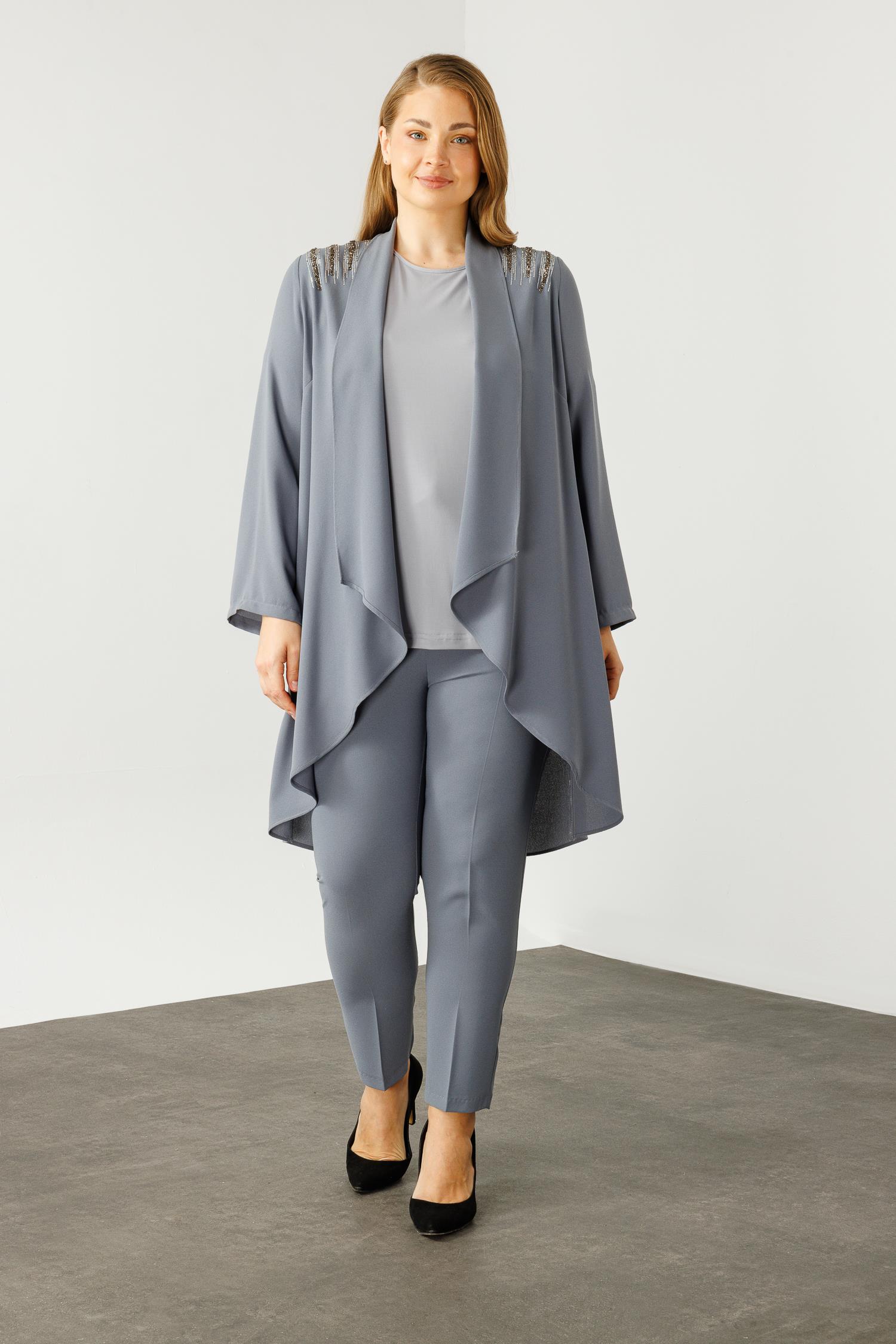 Modailgi  Omuzları Taşlı Şal Yaka İkili Takım Gri