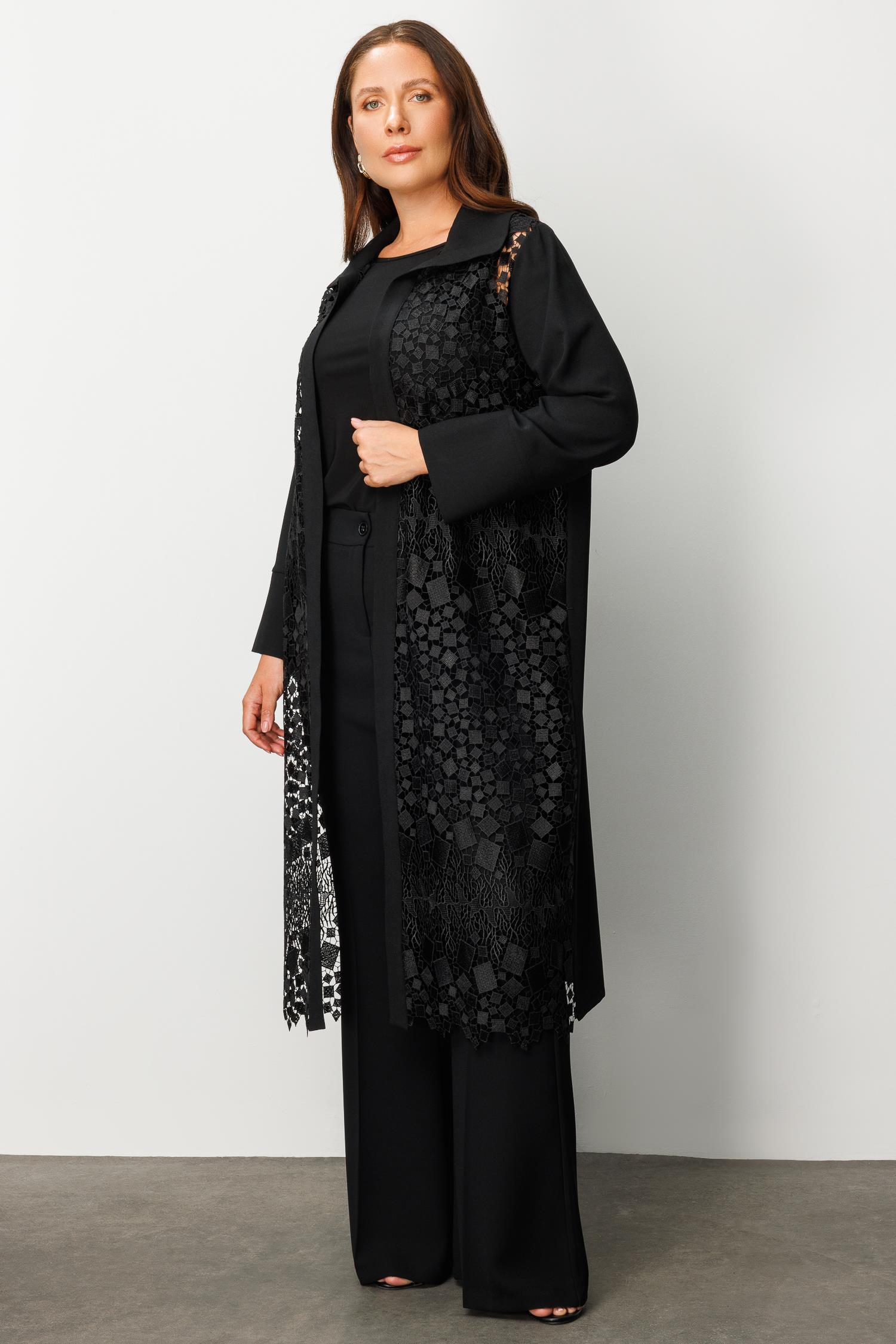 Modailgi  Ön Beden Güpür Dantelli İkili Uzun Kap Siyah