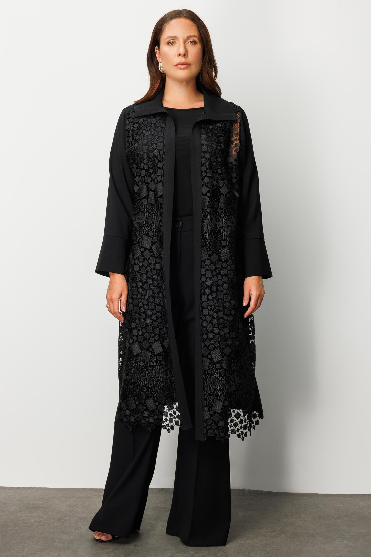 Modailgi  Ön Beden Güpür Dantelli İkili Uzun Kap Siyah