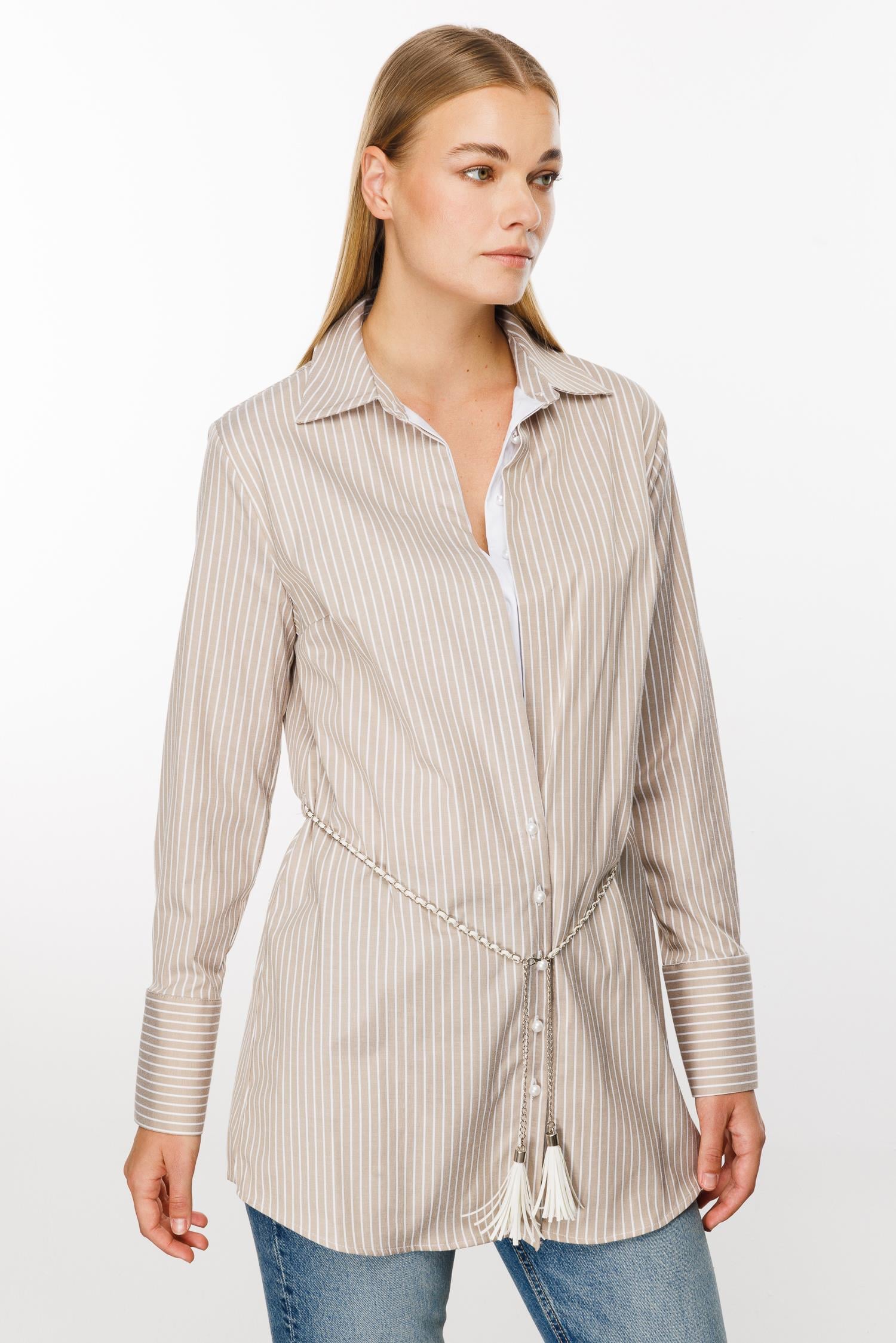 Modailgi  Ön Bedeni Çift Katlı Çizgili Tunik Vizon