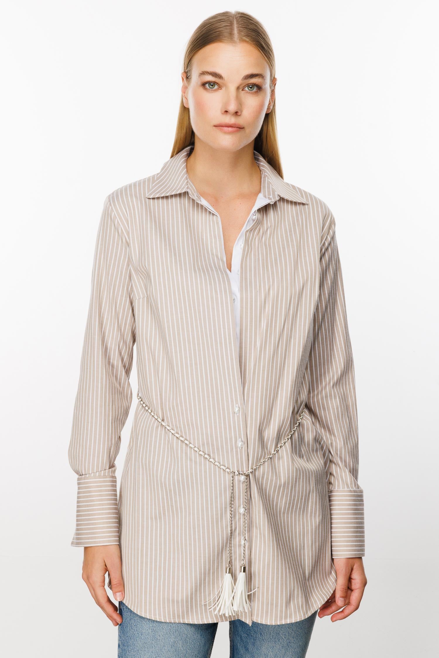 Modailgi  Ön Bedeni Çift Katlı Çizgili Tunik Vizon