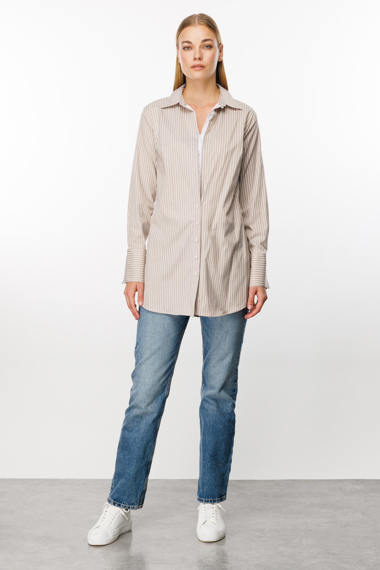 Modailgi  Ön Bedeni Çift Katlı Çizgili Tunik Vizon