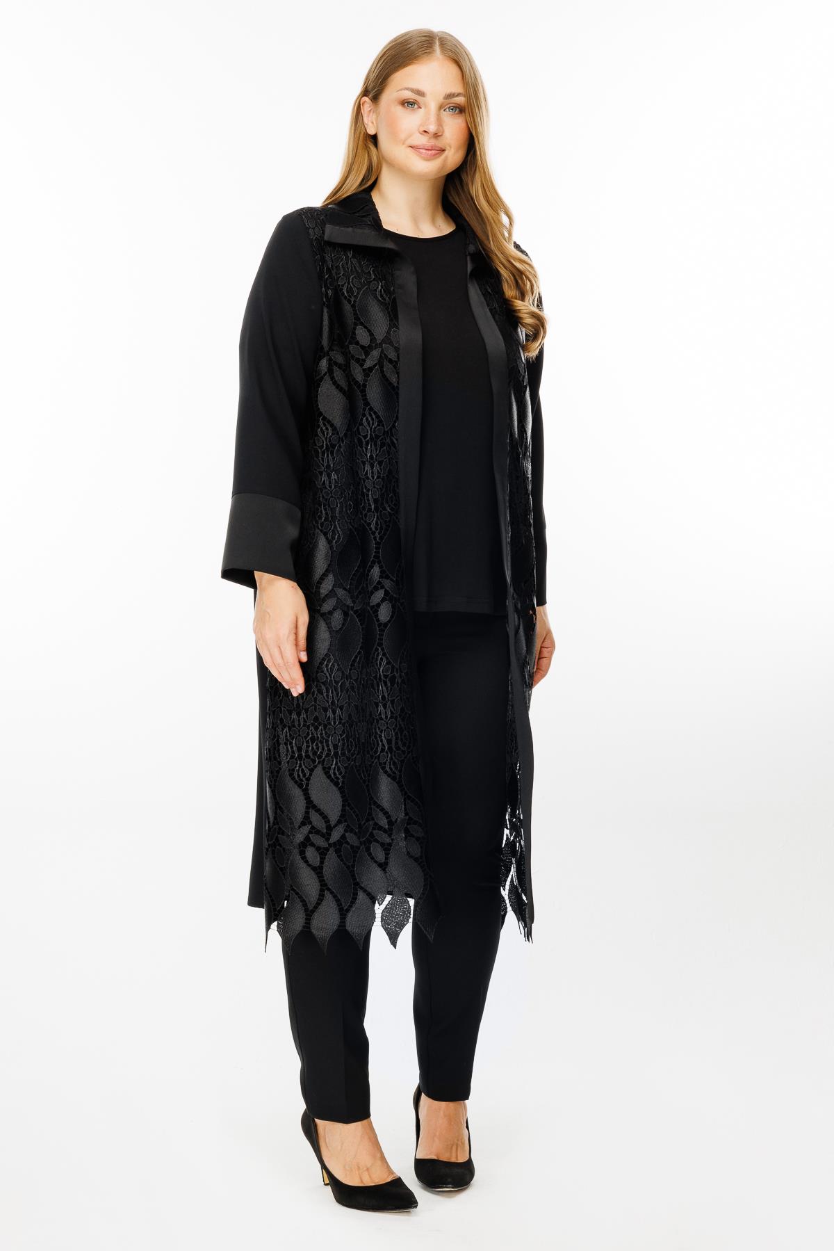 Modailgi  Ön Bedeni Güpür Dantelli İkili Uzun Kap Siyah