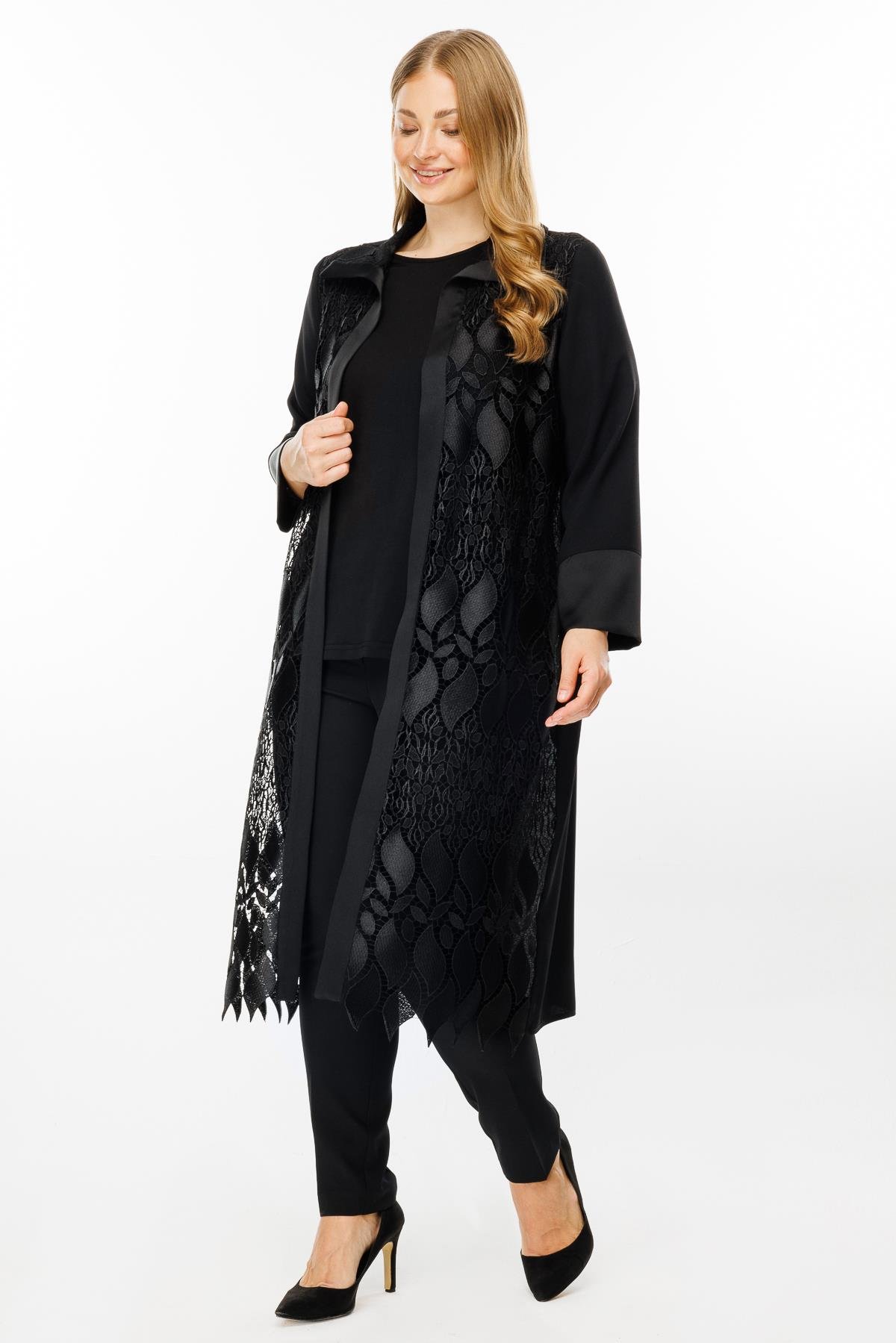 Modailgi  Ön Bedeni Güpür Dantelli İkili Uzun Kap Siyah