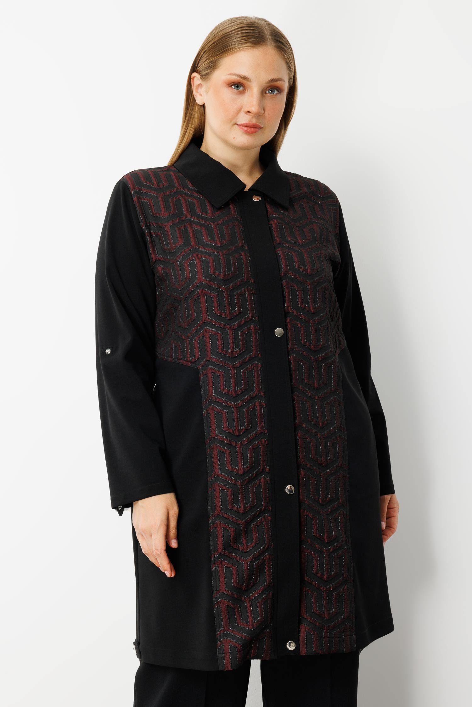 Modailgi  Ön Kapama Çıtçıtlı Fermuarlı Gofre Kumaş Tunik Bordo