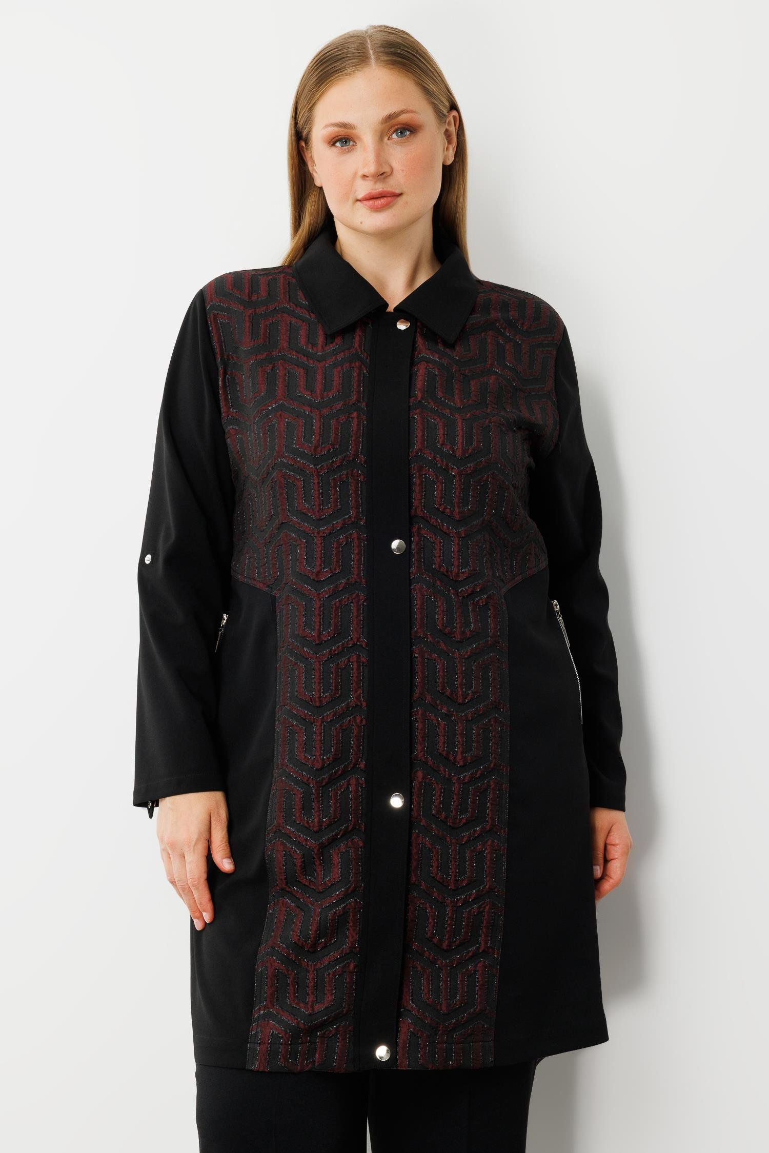 Modailgi  Ön Kapama Çıtçıtlı Fermuarlı Gofre Kumaş Tunik Bordo