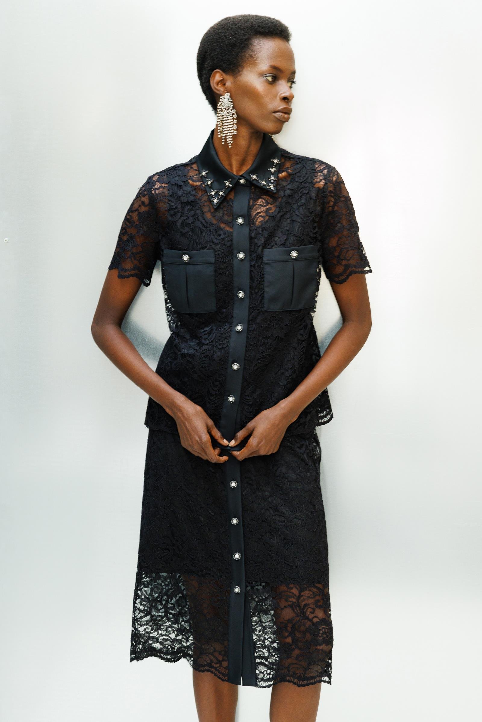 Modailgi  Önden Düğmeli Dantel Etek - 1570 Siyah