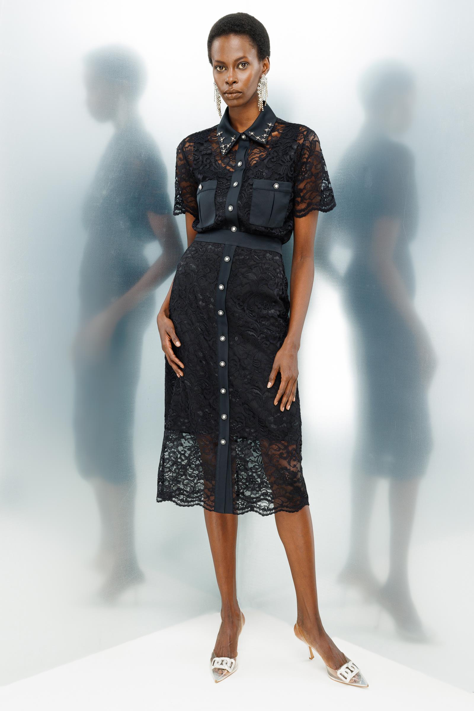 Modailgi  Önden Düğmeli Dantel Etek - 1570 Siyah