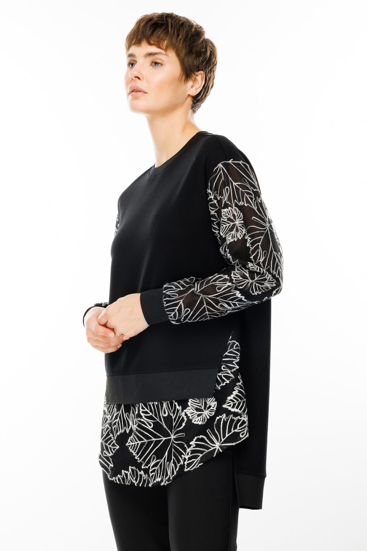 Modailgi  Organze Çiçek Dantelli Sıfır Yaka Tunik Siyah