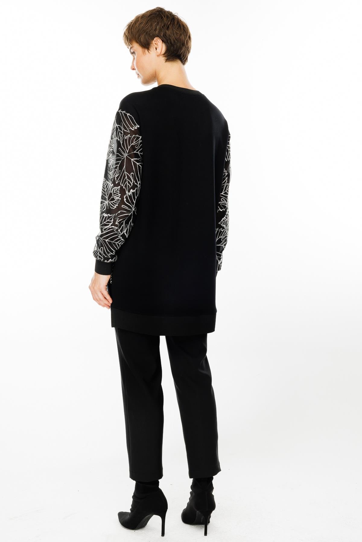 Modailgi  Organze Çiçek Dantelli Sıfır Yaka Tunik Siyah