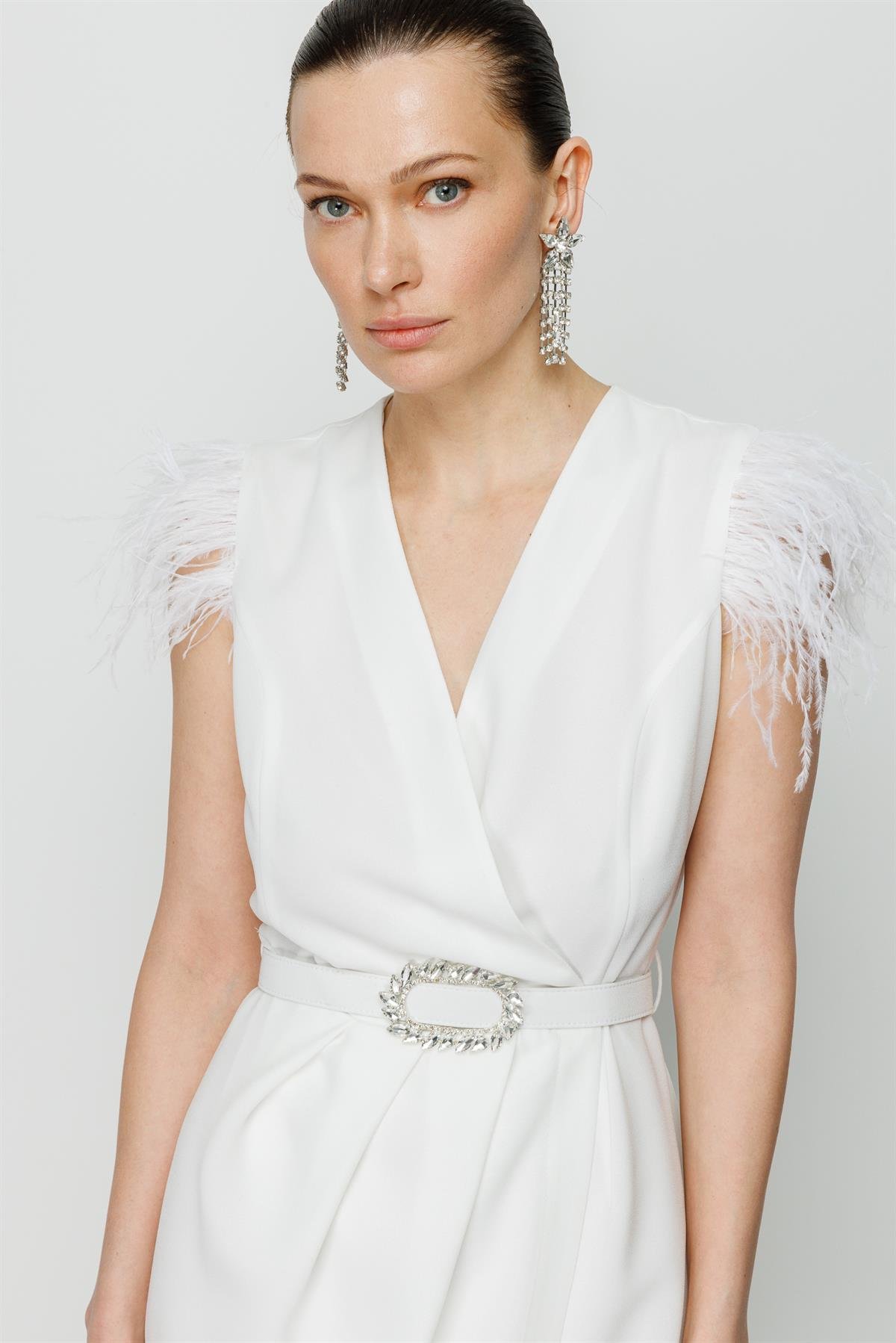 Modailgi  Otriş Detaylı Kruvaze Kolsuz Elbise Ekru