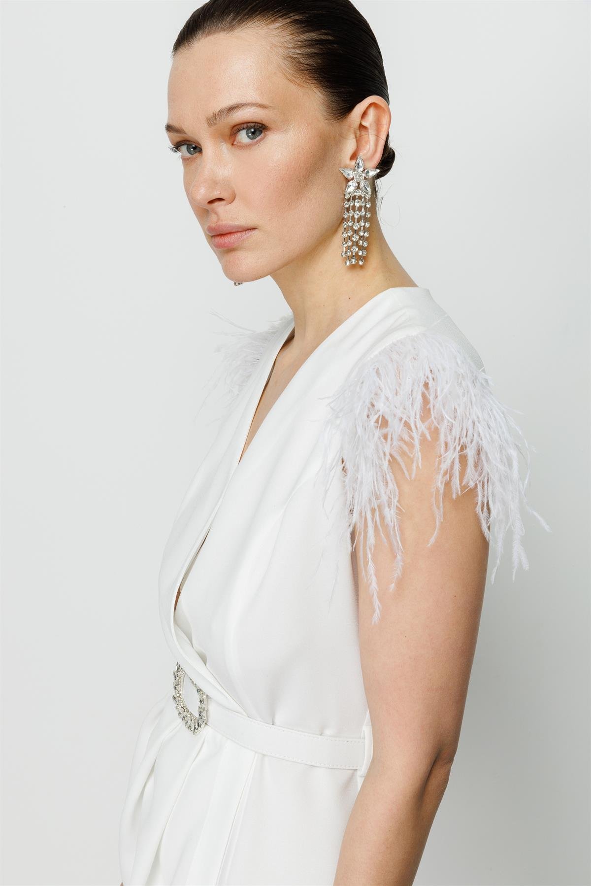 Modailgi  Otriş Detaylı Kruvaze Kolsuz Elbise Ekru