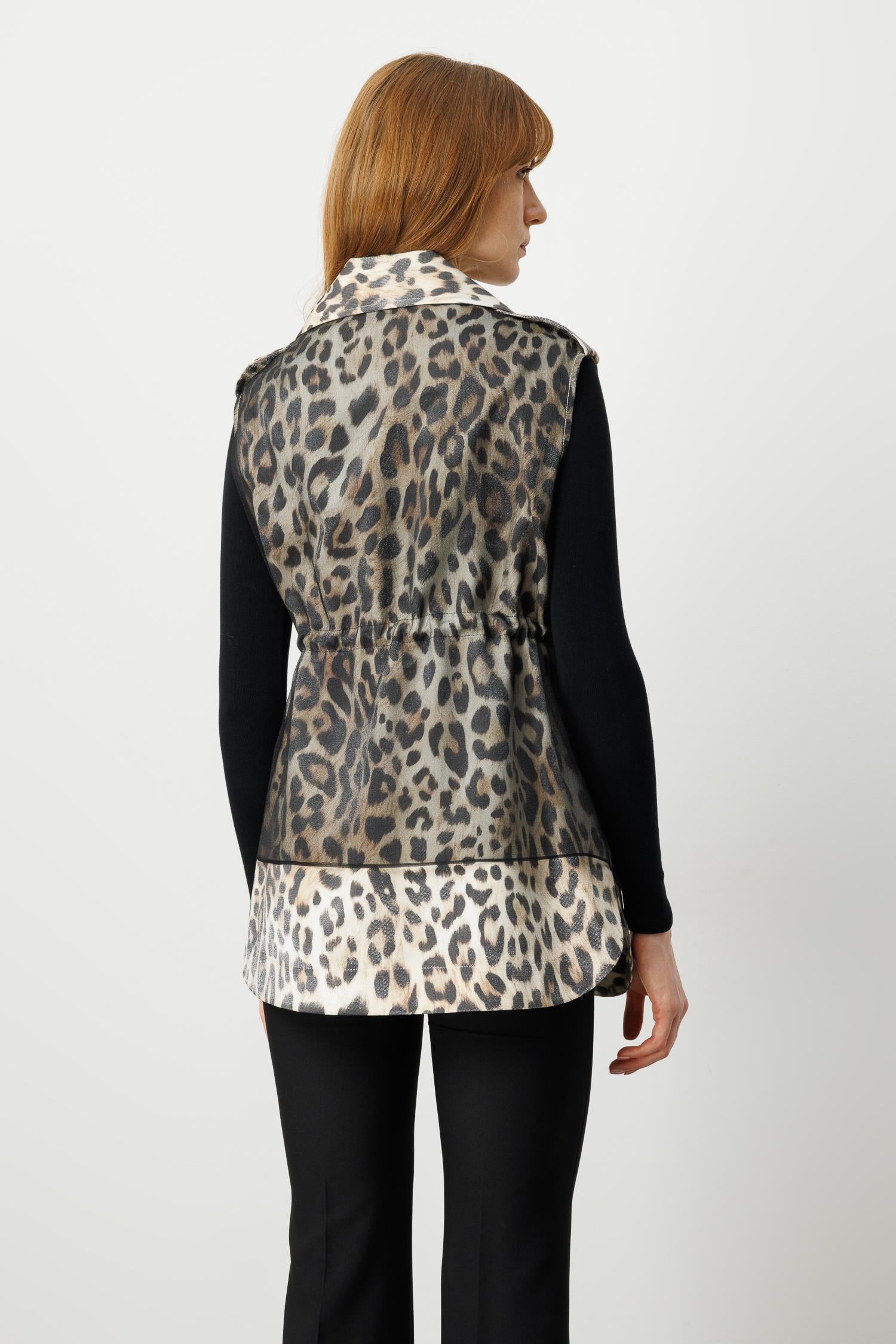 Modailgi  Oversize Organze ve Apolet Detaylı Fermuarlı Leoparlı Yelek Leopar