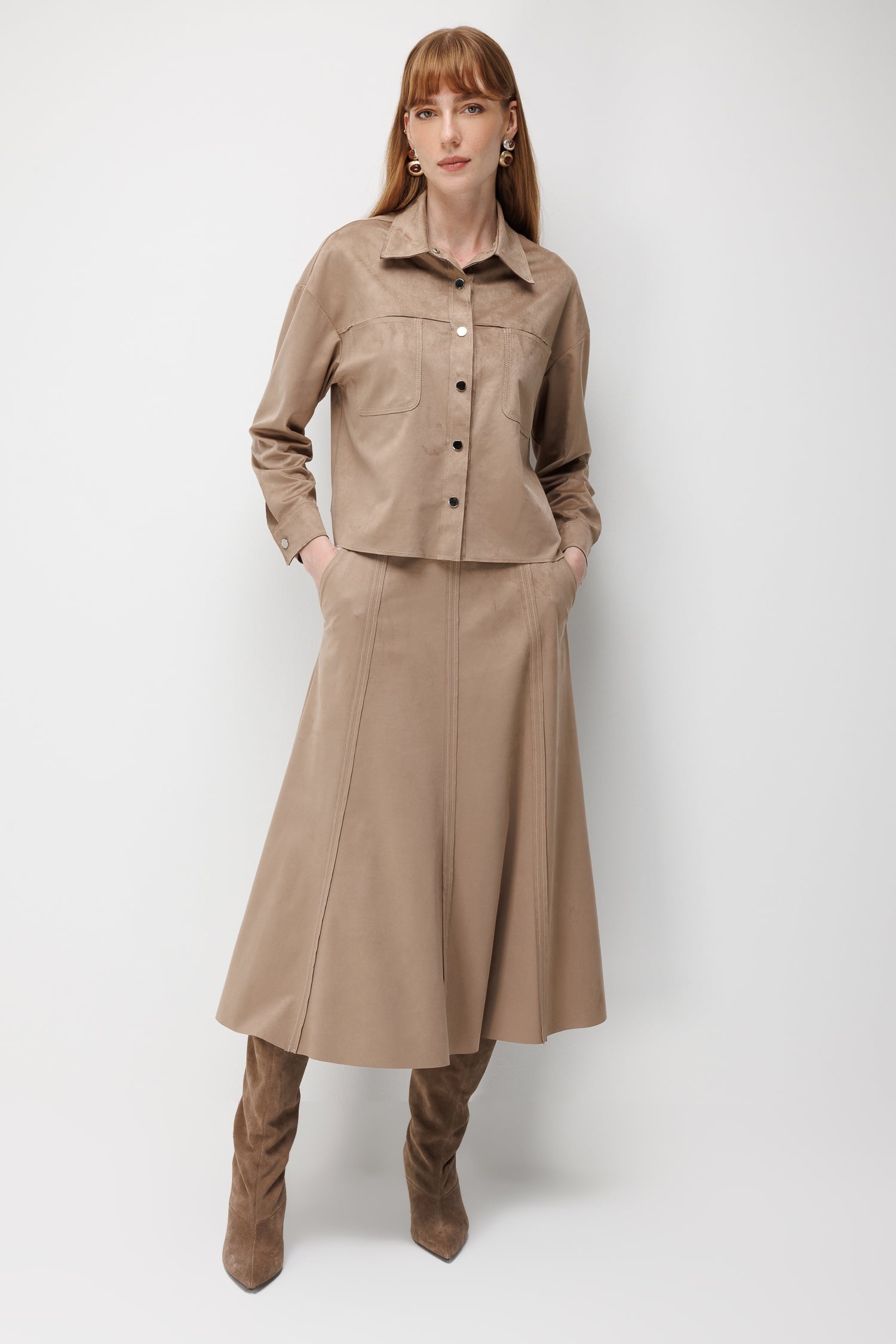 Modailgi  Oversize Pis Dikiş Süet Gömlek - 30109 Vizon