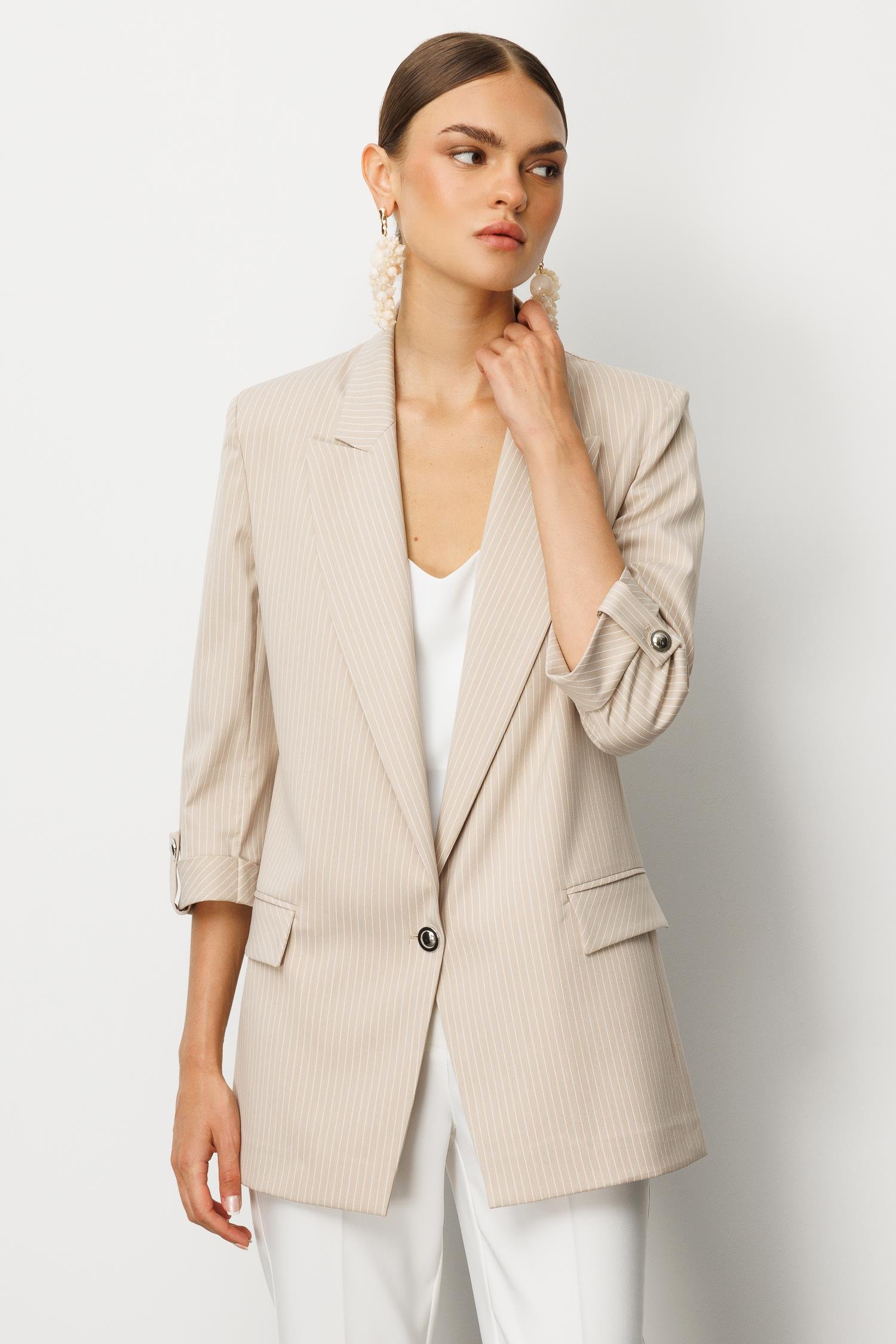 Modailgi  Oversize Tek Düğme Kapama Truvakar Kol Çizgili Yarım Astarlı Ceket Taş