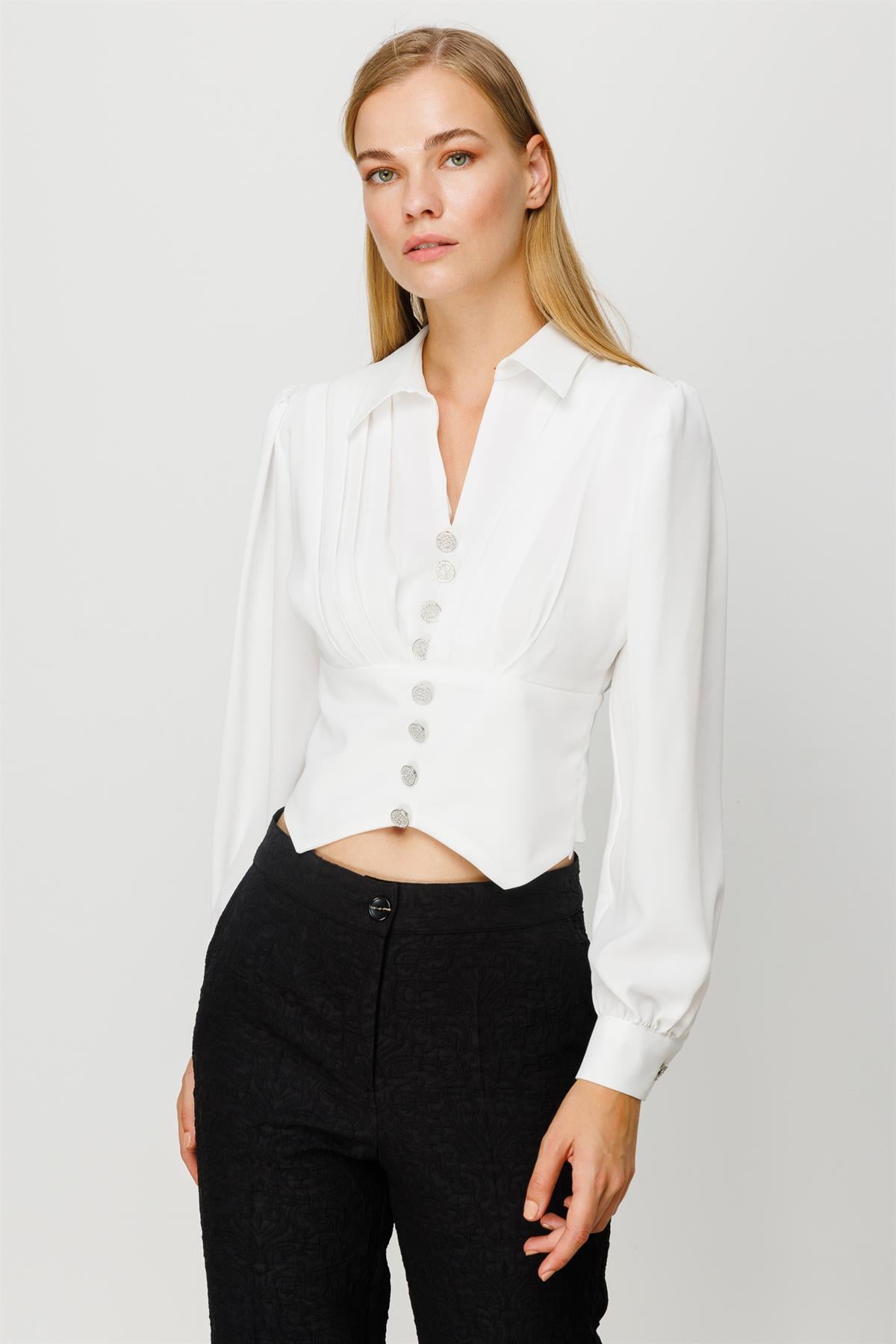 Modailgi  Pileli Crop Bluz Ekru