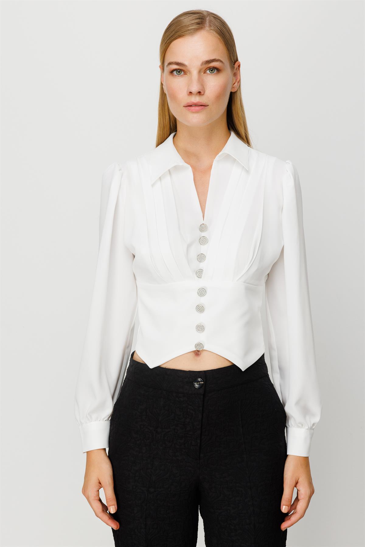 Modailgi  Pileli Crop Bluz Ekru