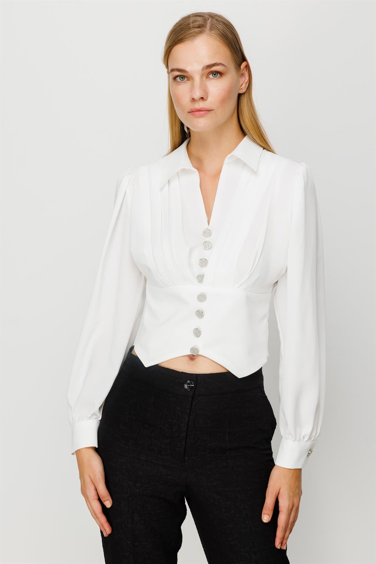 Modailgi  Pileli Crop Bluz Ekru