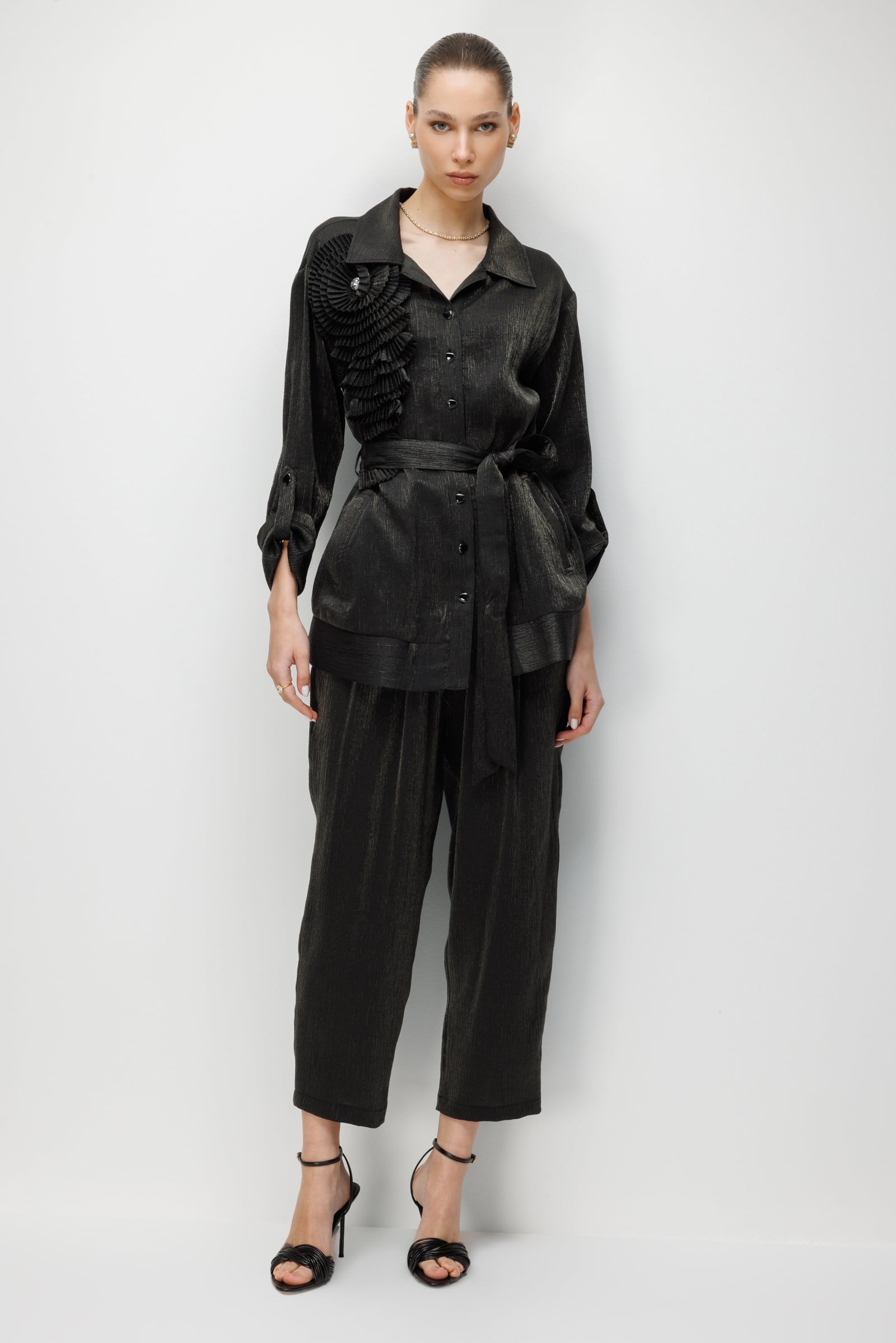 Modailgi  Pilise Süslemeli Beli Kemerli Tunik - 40012 Siyah