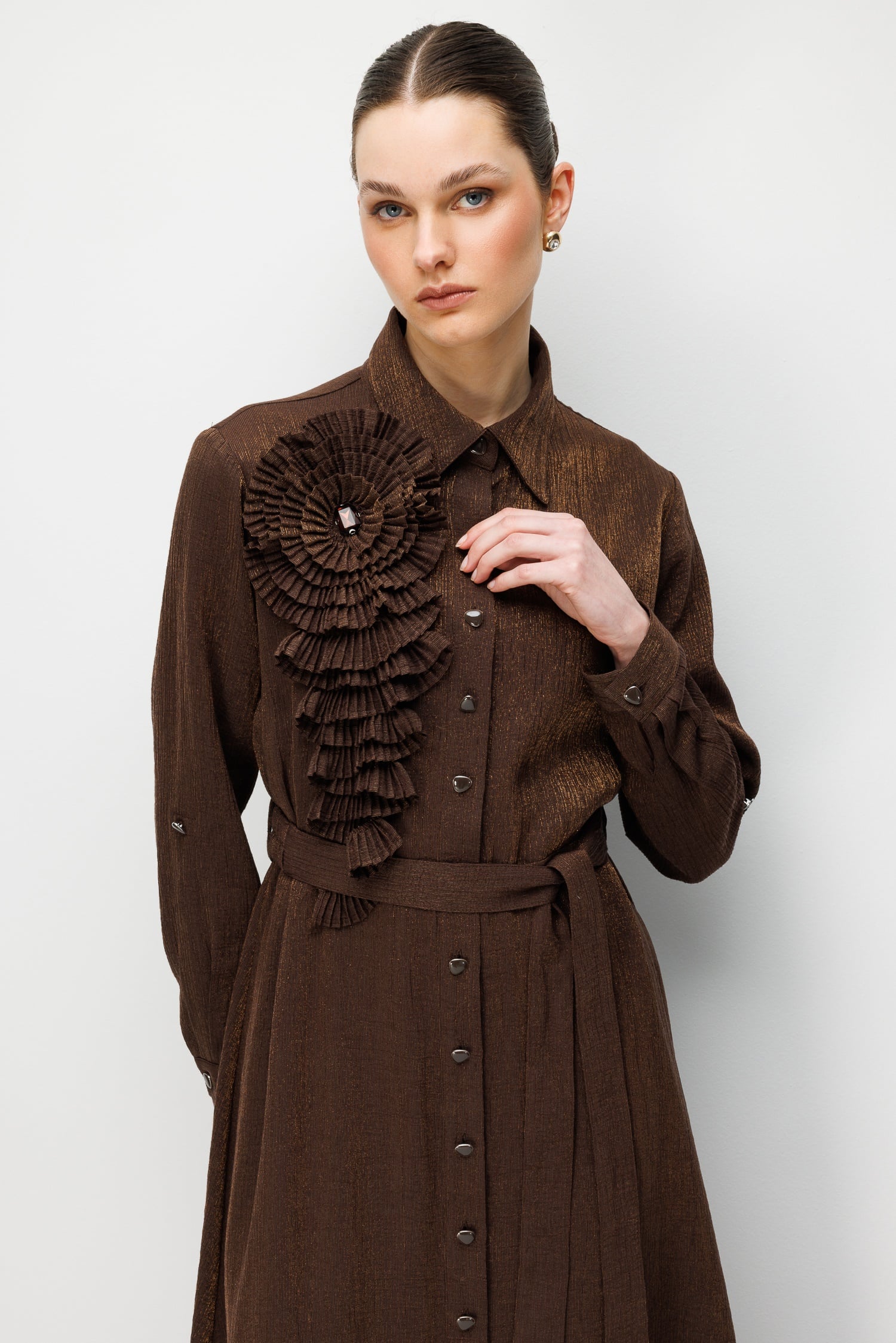 Modailgi  Pilise Süslemeli Beli Kemerli Uzun Elbise Kahve