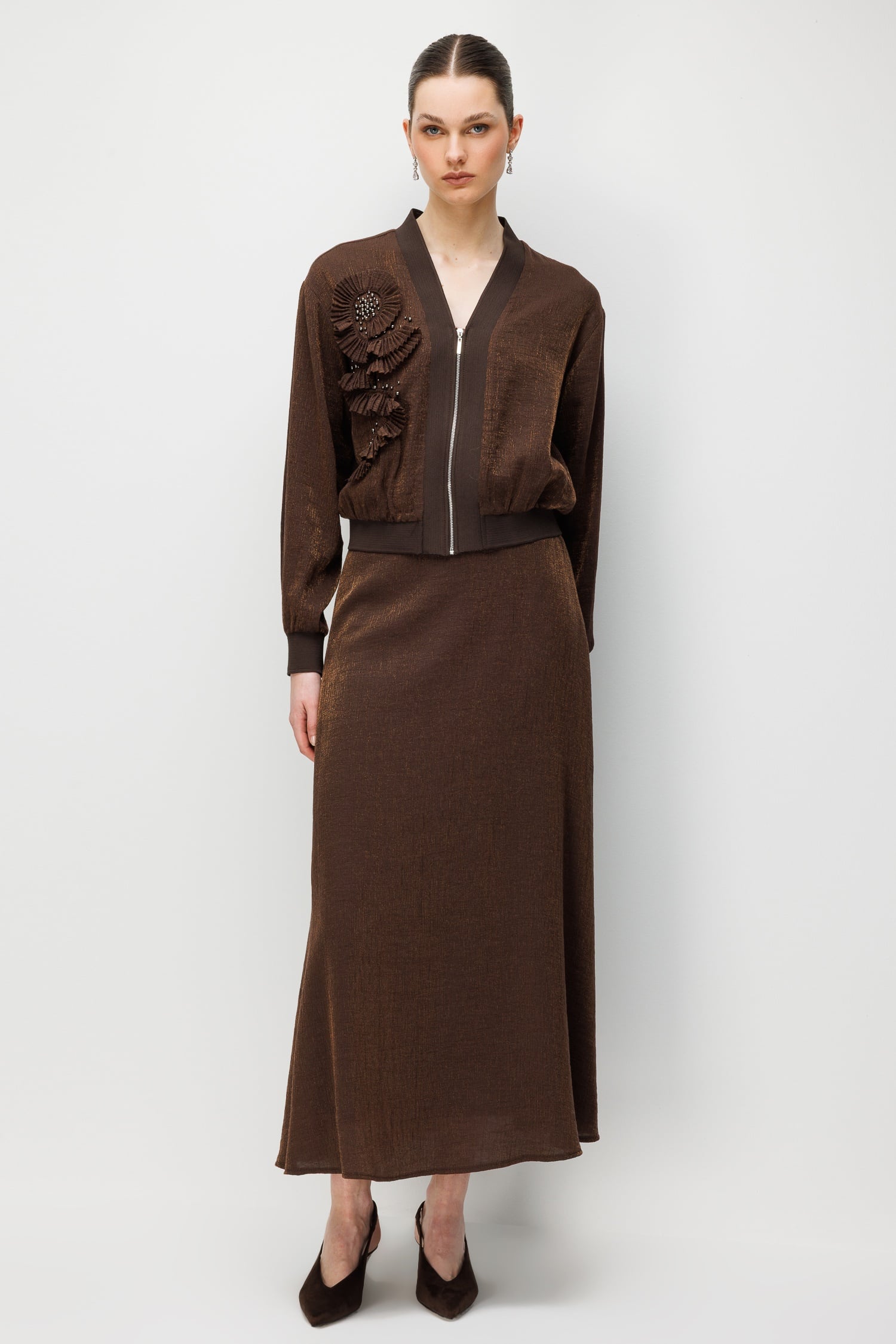 Modailgi Pilise Süslemeli İnci Aksesuarlı Bomber Gömlek - 30039